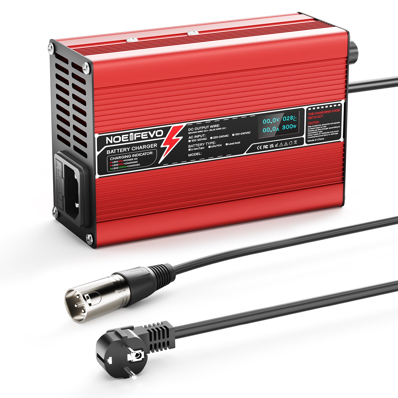 NOEIFEVO 33.6V 2A 3A 4A 5A Carregador de Lítio para Baterias 8S 29.6V Li-Ion Lipo, Ventoinha de Refrigeração, Desligamento Automático (Vermelho)