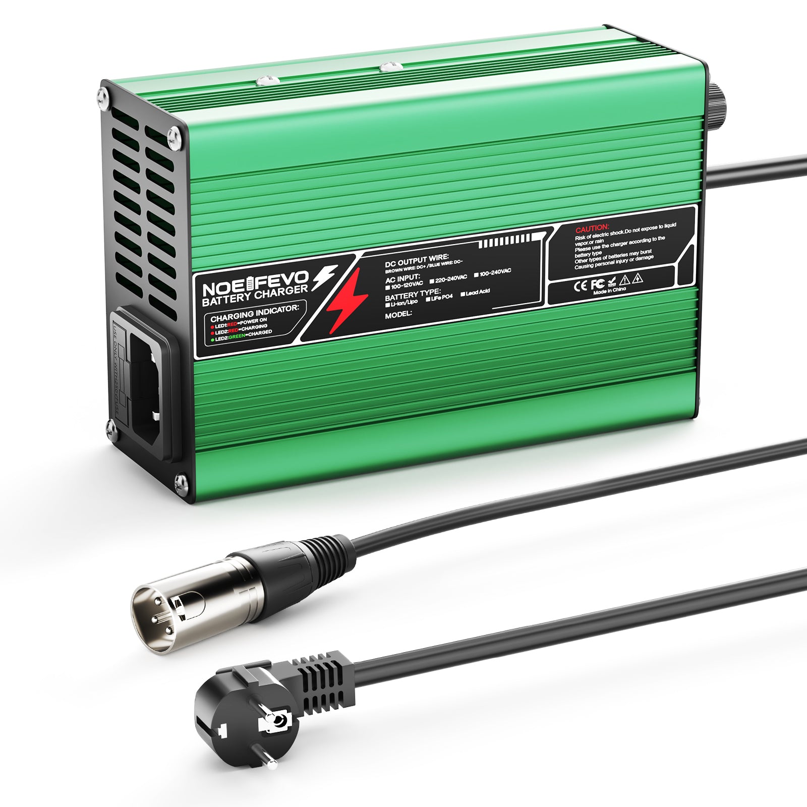 NOEIFEVO 33.6V 2A 3A 4A 5A Carregador de Lítio para Baterias 8S 29.6V Li-Ion Lipo, Ventoinha de Resfriamento, Desligamento Automático (VERDE)