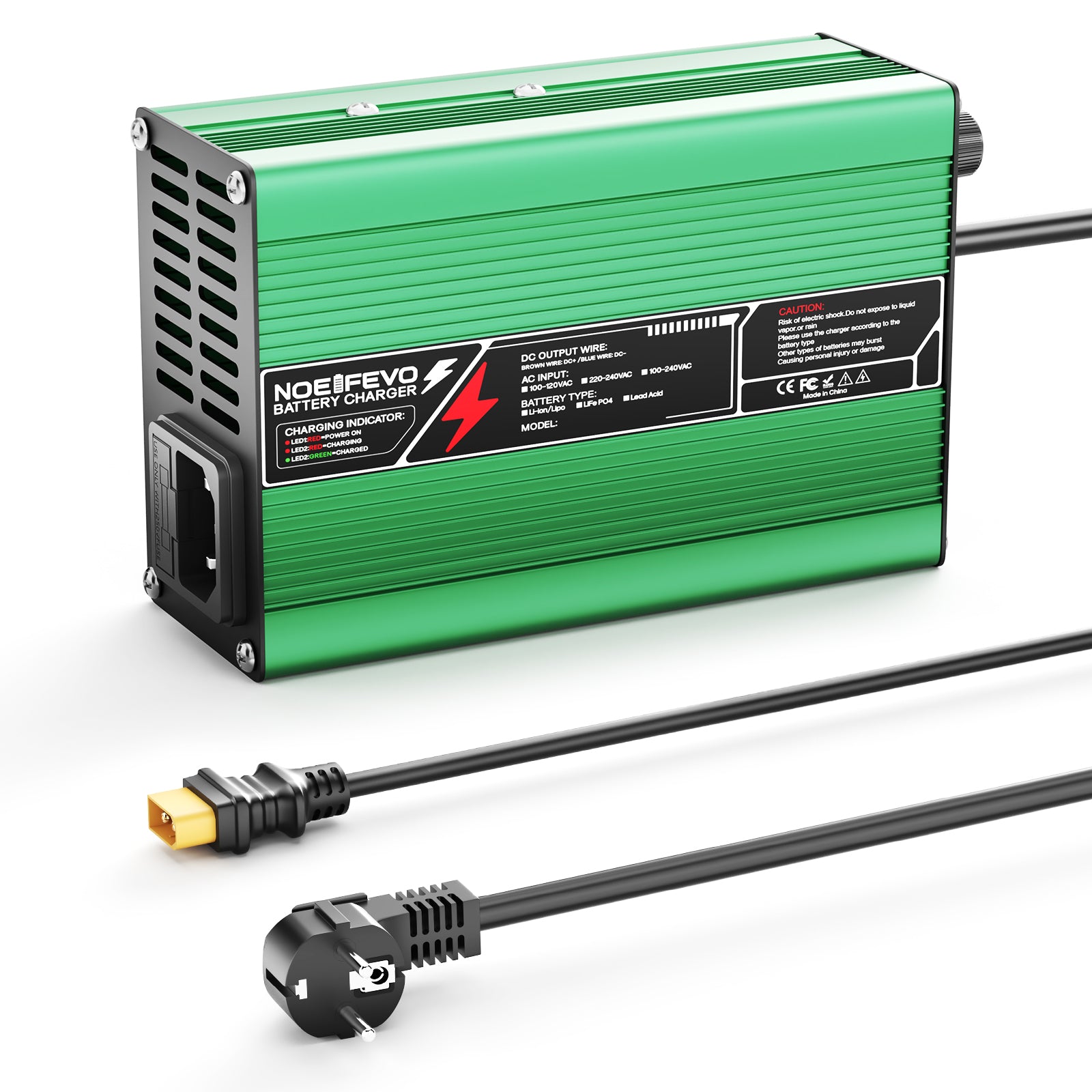 NOEIFEVO 37.8V  2A 3A 3.5A 4A מטען ליתיום עבור סוללות 9S 33.3V Li-Ion Lipo, מאוורר קירור, כיבוי אוטומטי (ירוק).
