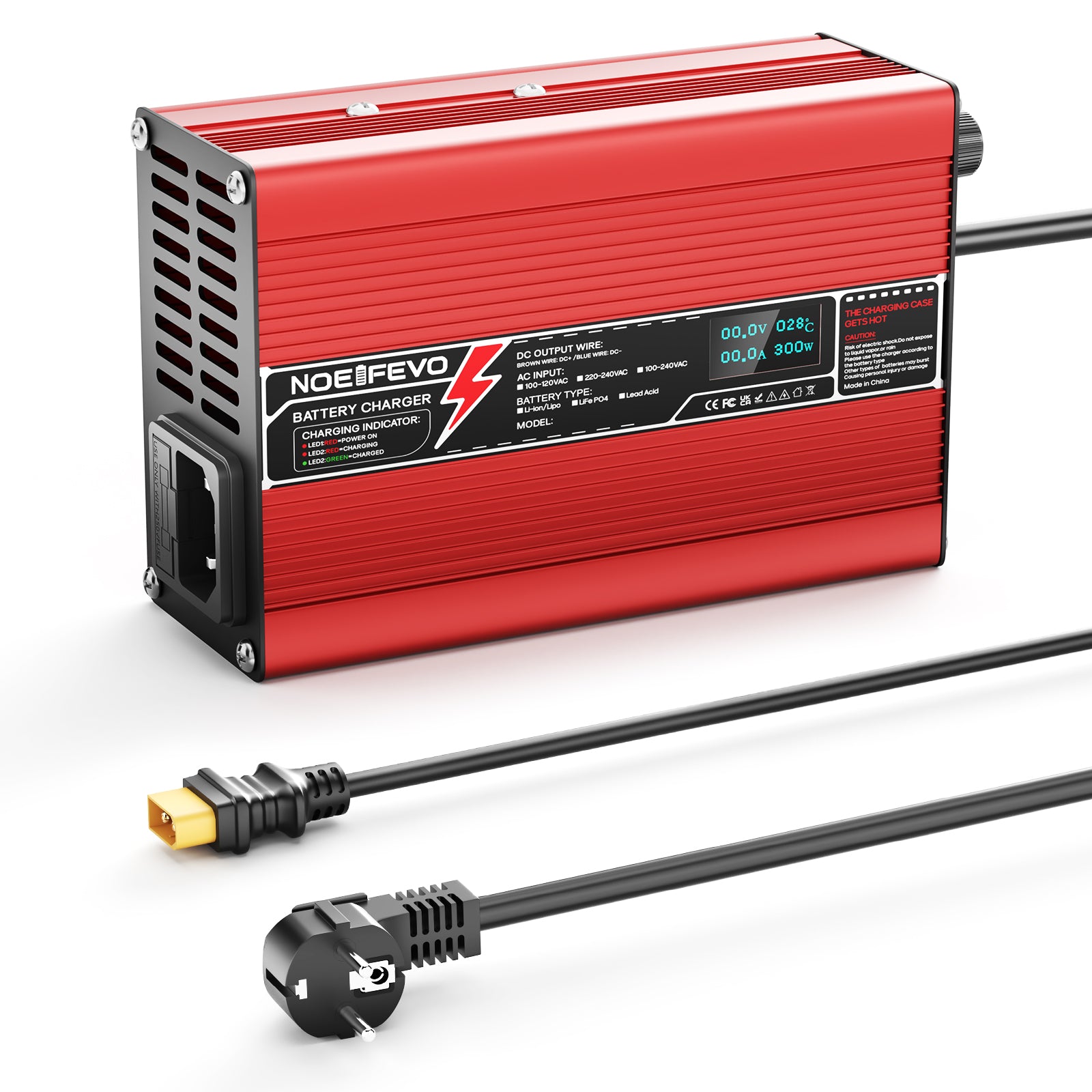 NOEIFEVO 58.8V 2A 2.5A 3A Lithium-Ladegerät für 14S 51.8V Li-Ion Lipo-Batterien, mit LCD-Anzeige, Kühlventilator, automatischer Abschaltung(RED)