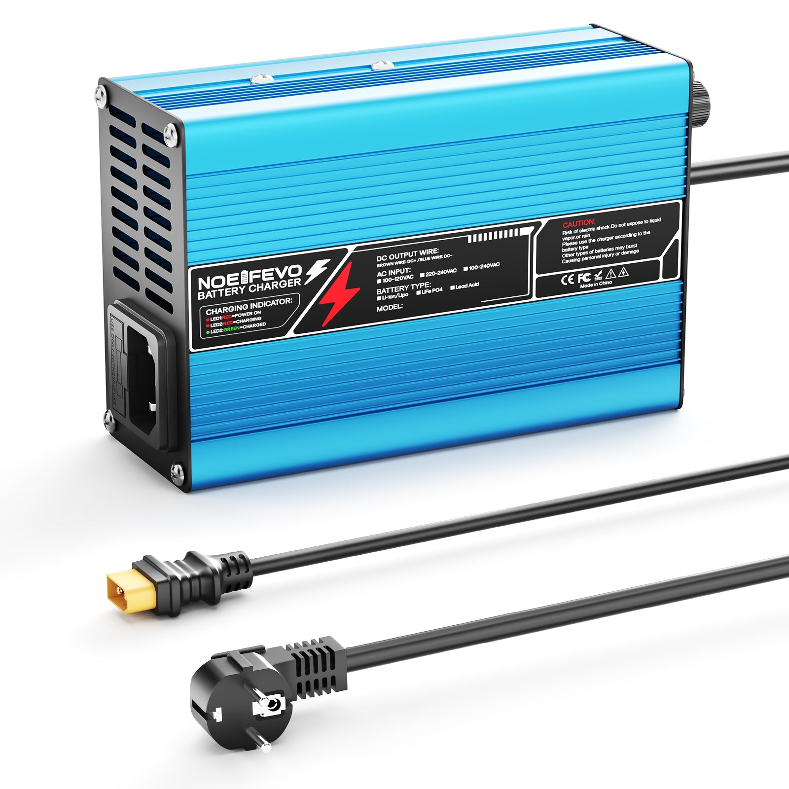 NOEIFEVO 37.8V 2A 3A 3.5A 4A Carregador de Lítio para Baterias 9S 33.3V Li-Ion Lipo, Ventoinha de Refrigeração, Desligamento Automático (AZUL)