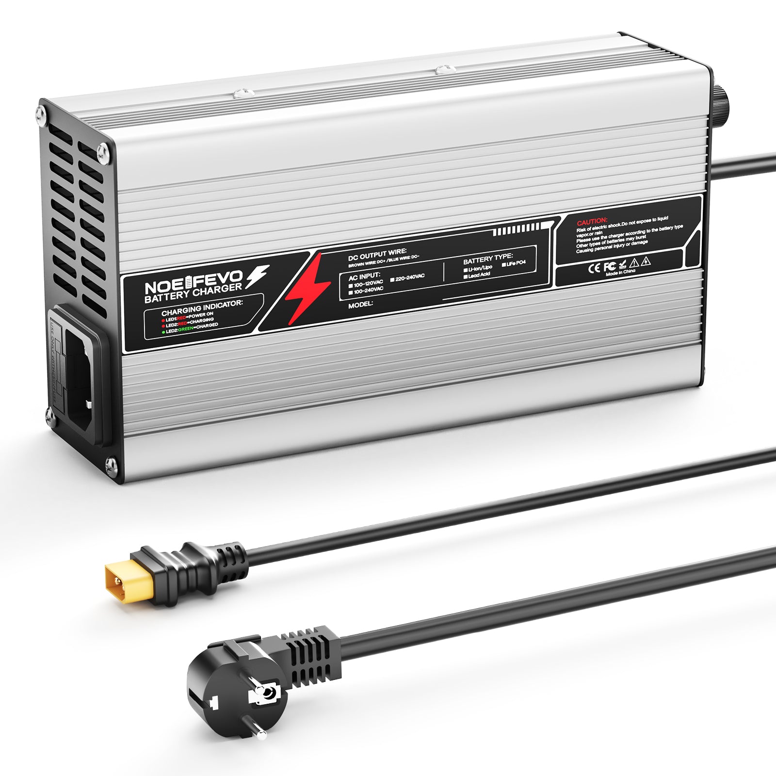 NOEIFEVO 54,75V 8A LiFePO4 Carregador de bateria para bateria 48V 15S Invólucro em alumínio com desligar automático com ventilador (prata)