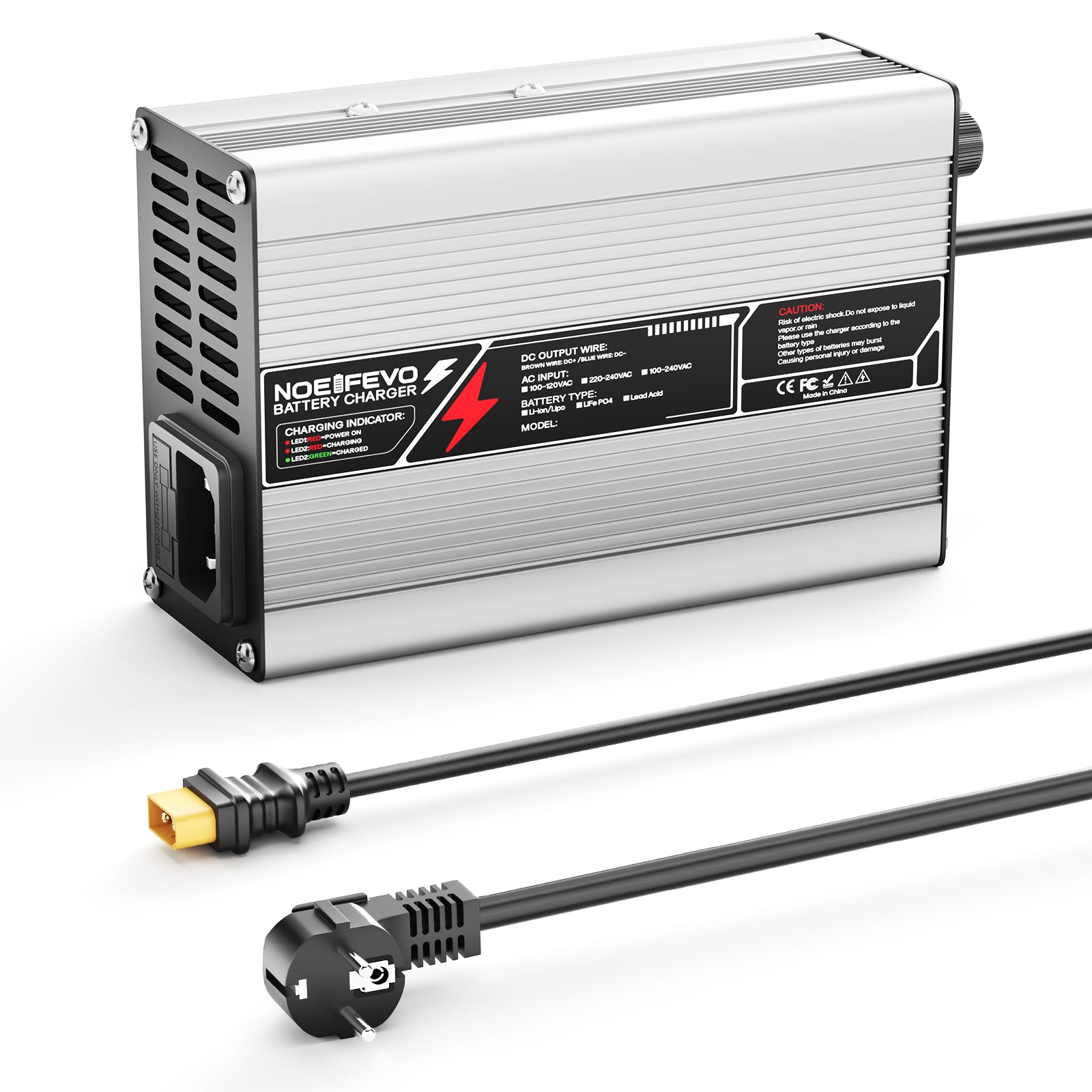 Carregador de lítio NOEIFEVO 46.2V  2A 3A 3.5A 4A para baterias Li-Ion Lipo 11S 40.7V, com ventilador de resfriamento e desligamento automático.