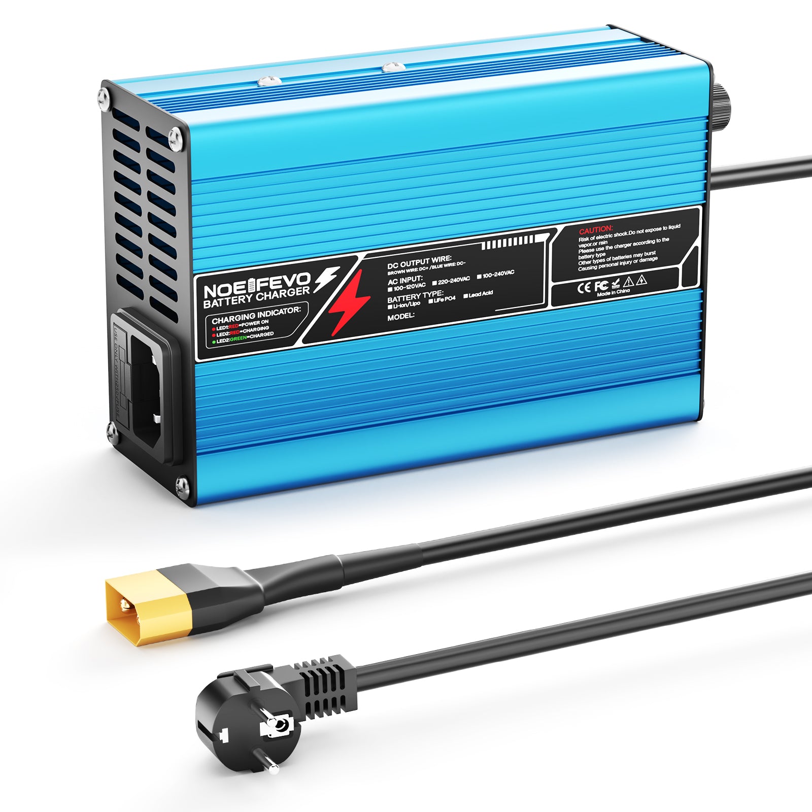 NOEIFEVO 16.8V 10A Carregador de Lítio para Baterias Li-Ion Lipo 4S 14.8V, Ventilador de Resfriamento, Desligamento Automático (AZUL)