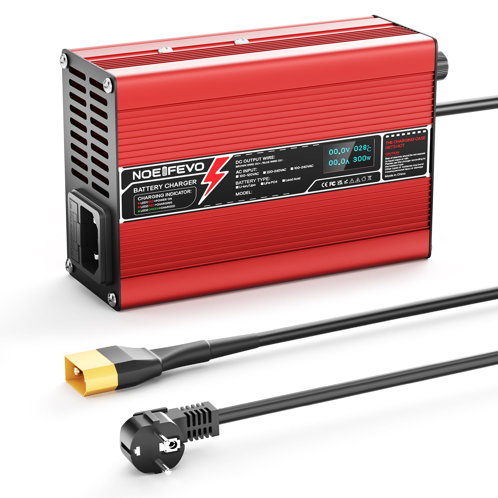 NOEIFEVO 42V 2A 3A 3.5A 4A Carregador de Bateria de Lítio para Baterias 10S 37V Li-Ion Lipo, Ventilador de Resfriamento, Desligamento Automático (Vermelho)