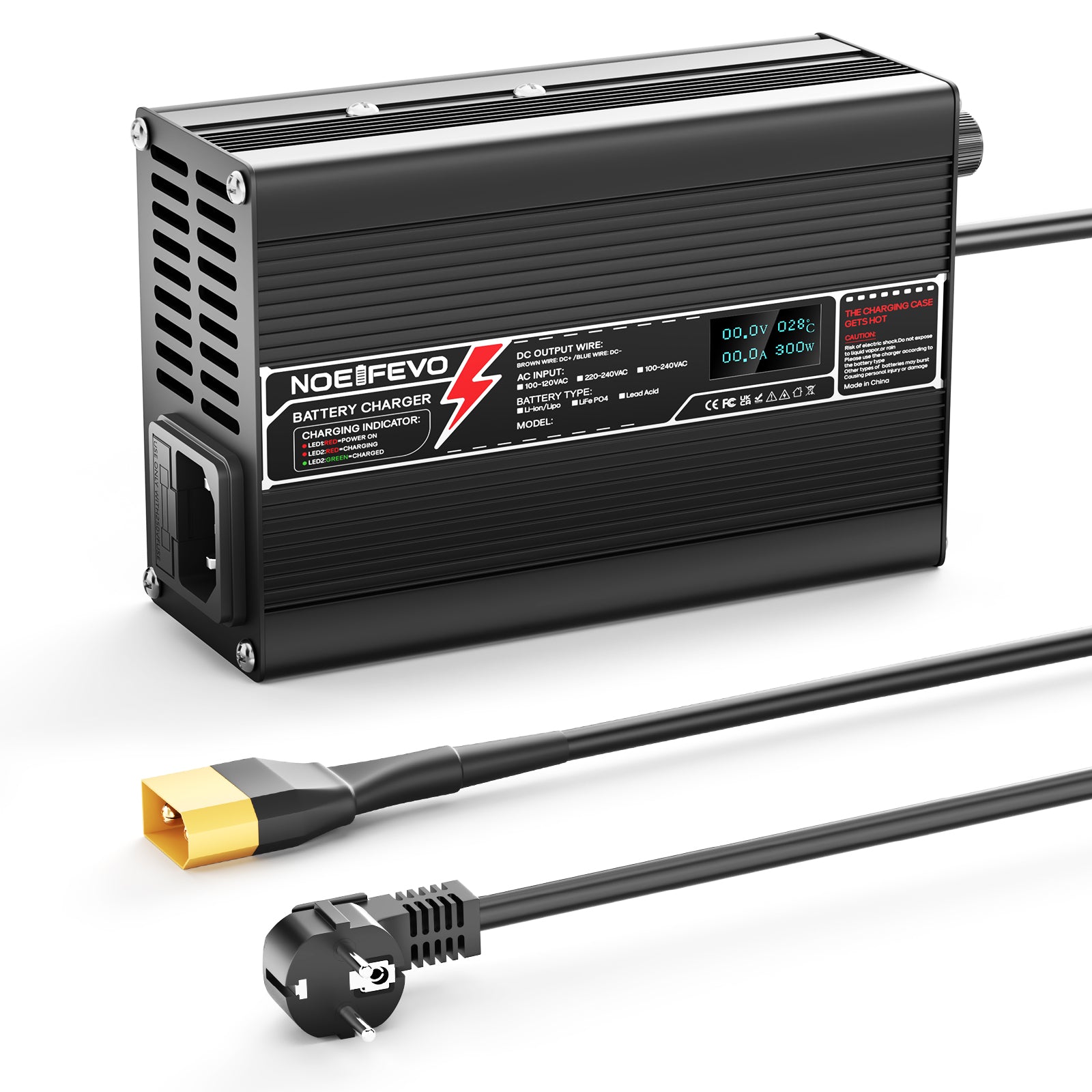 NOEIFEVO 50.4V 3A Carregador de Lítio para Baterias Li-Ion Lipo 12S 44.4V, Ventilador de Resfriamento, Desligamento Automático (PRETO)
