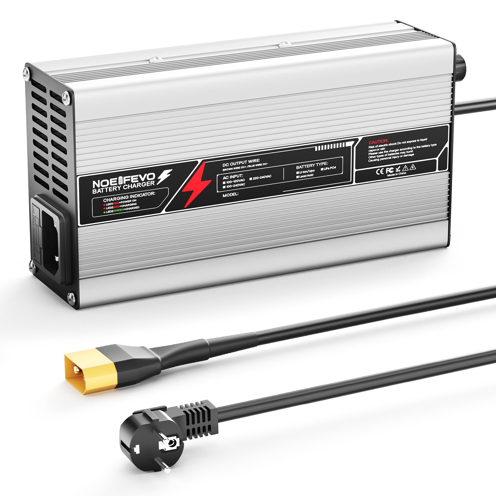 NOEIFEVO 87,6V 5A CARREGADOR DE BATERIA LiFePO4 PARA BATERIA 76,8 V 24S, DESLIGAMENTO AUTOMÁTICO, CARCAÇA DE ALUMÍNIO, COM VENTILADOR (PRATA)