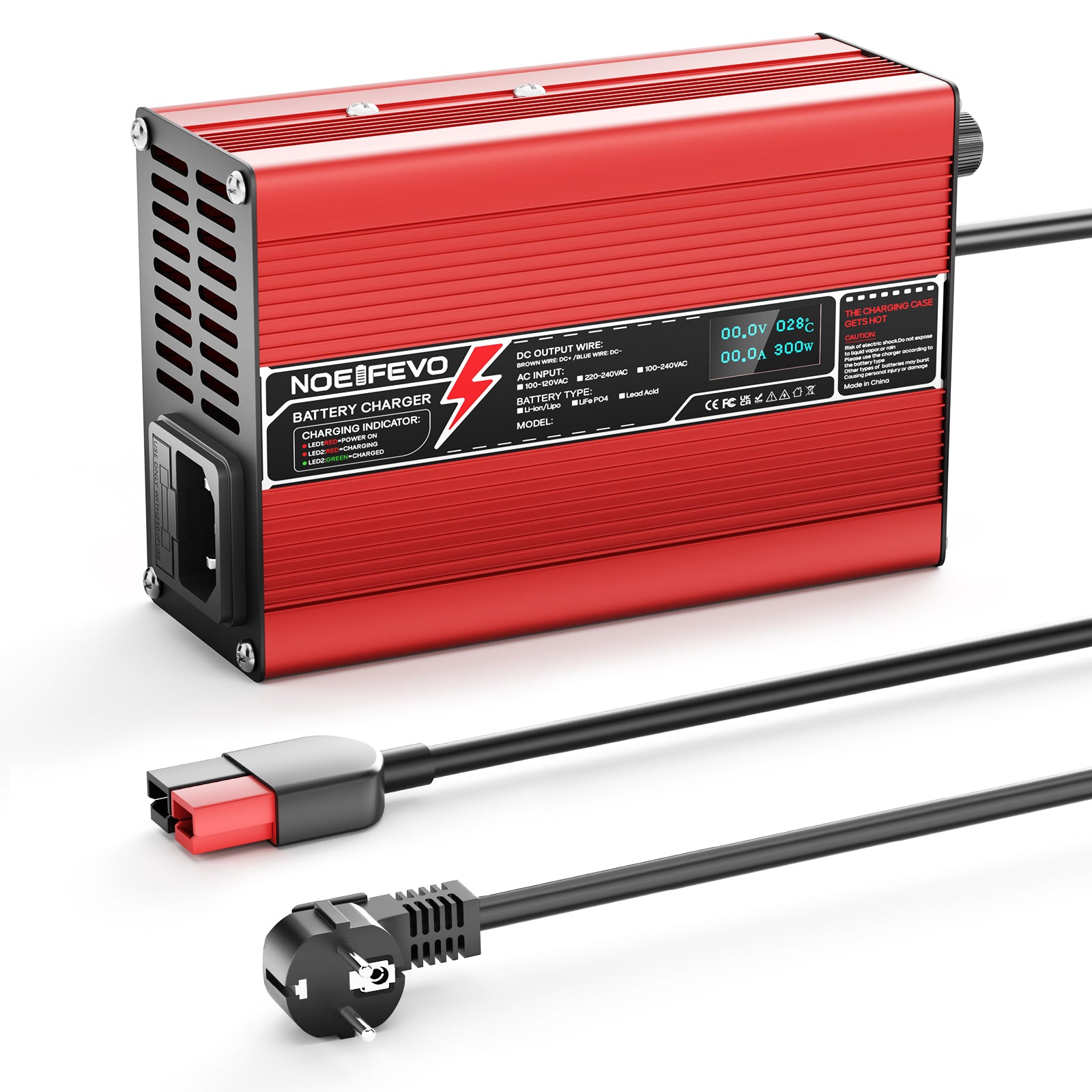 NOEIFEVO 12,6V 10A Lithium-lader til 3S 11,1V Li-Ion Lipo-batterier, med køleventilator, automatisk slukning (RØD)