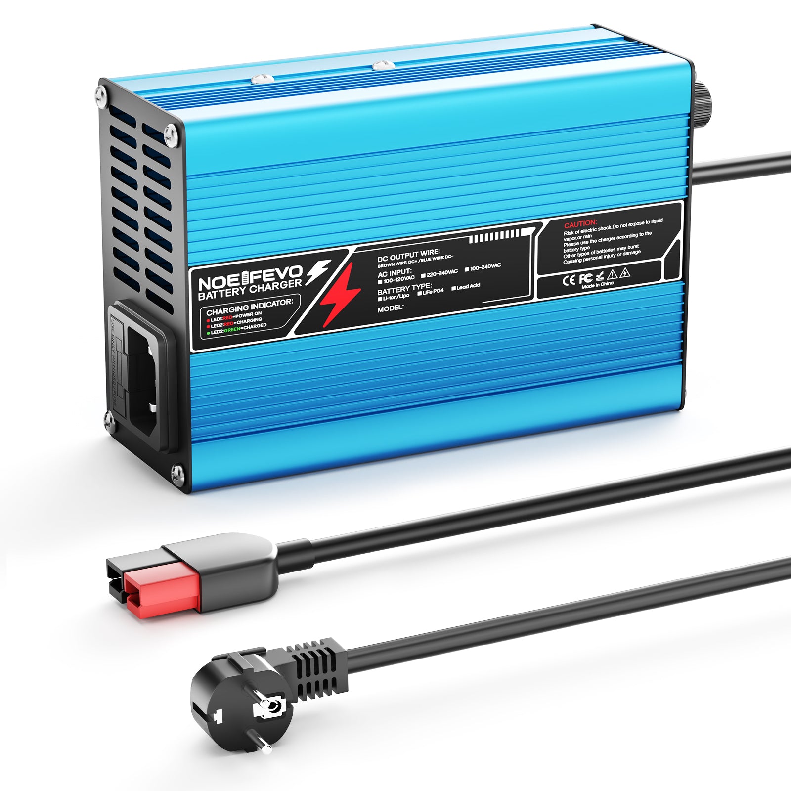 NOEIFEVO 16.8V 10A Carregador de Lítio para Baterias Li-Ion Lipo 4S 14.8V, Ventilador de Resfriamento, Desligamento Automático (AZUL)