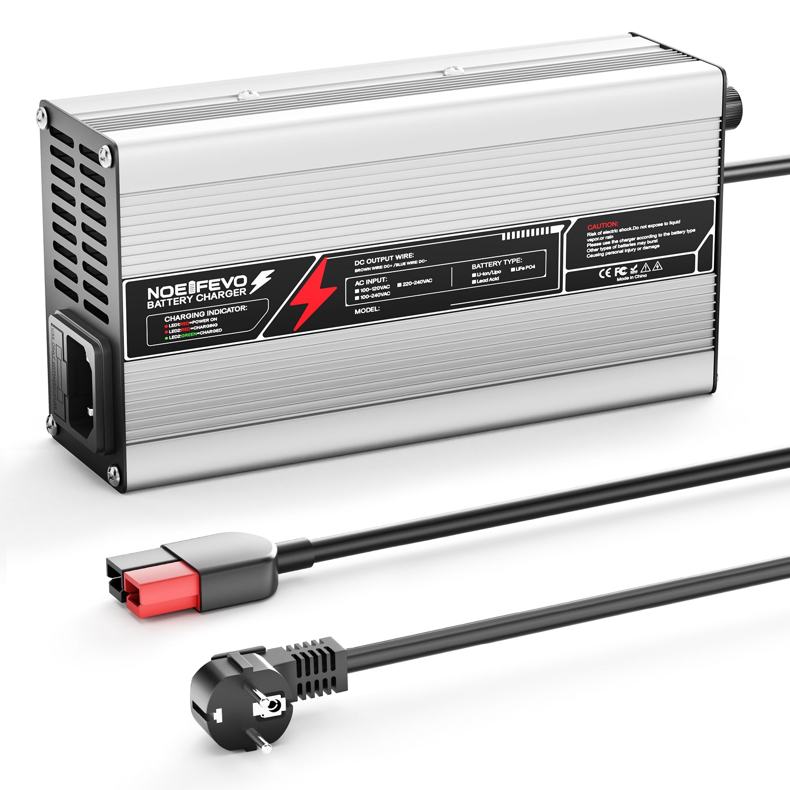 NOEIFEVO 43,8 V 10 A LiFePO4 Batterieladegerät für 38,4 V 10S-Batterie, automatische Abschaltung, Aluminiumgehäuse, mit Lüfter (Silber)