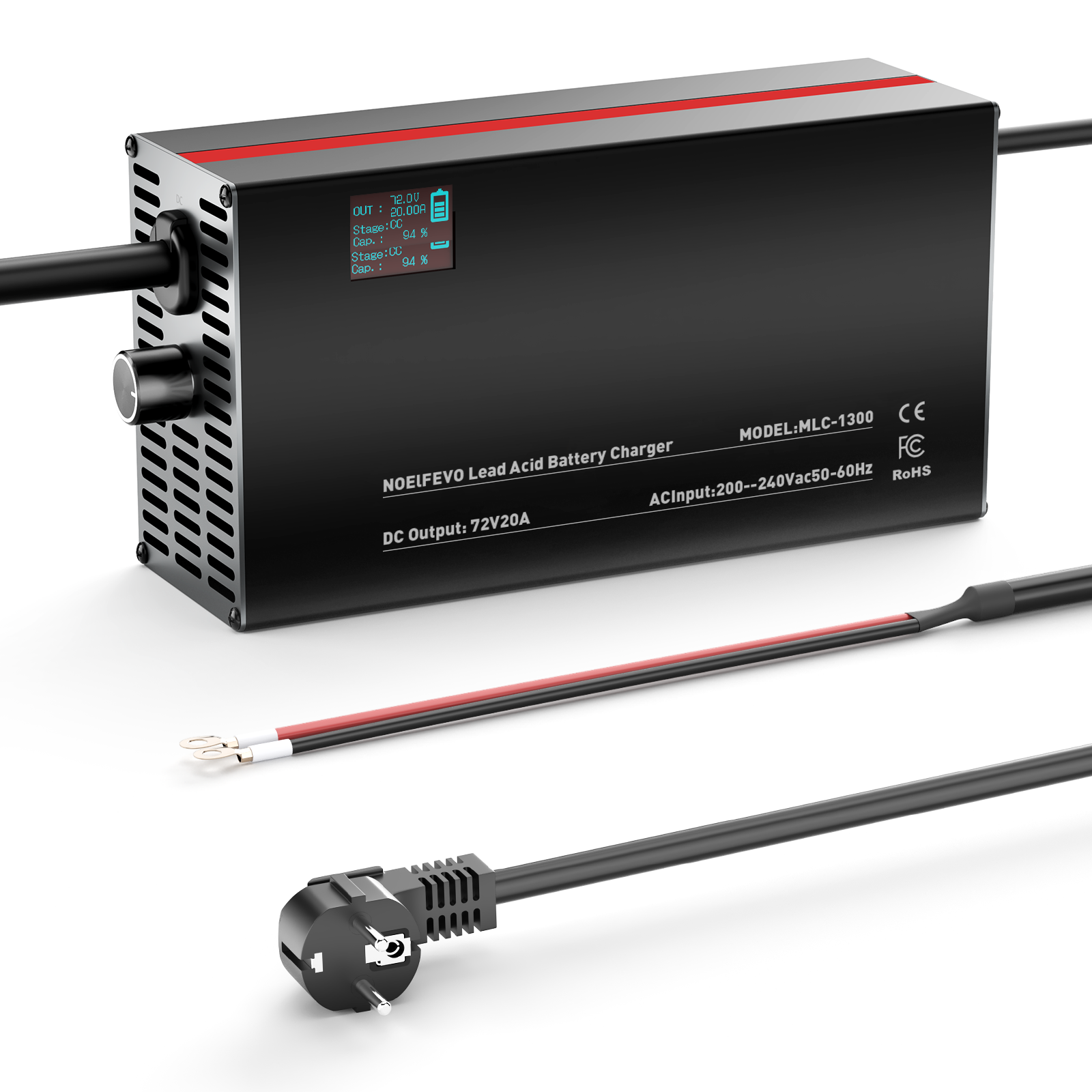 NOEIFEVO 72V 2A-20A Stroom Instelbaar Acculader voor Loodzuuraccu's, AGM, Gel, Golfwagen Acculader, LED-display