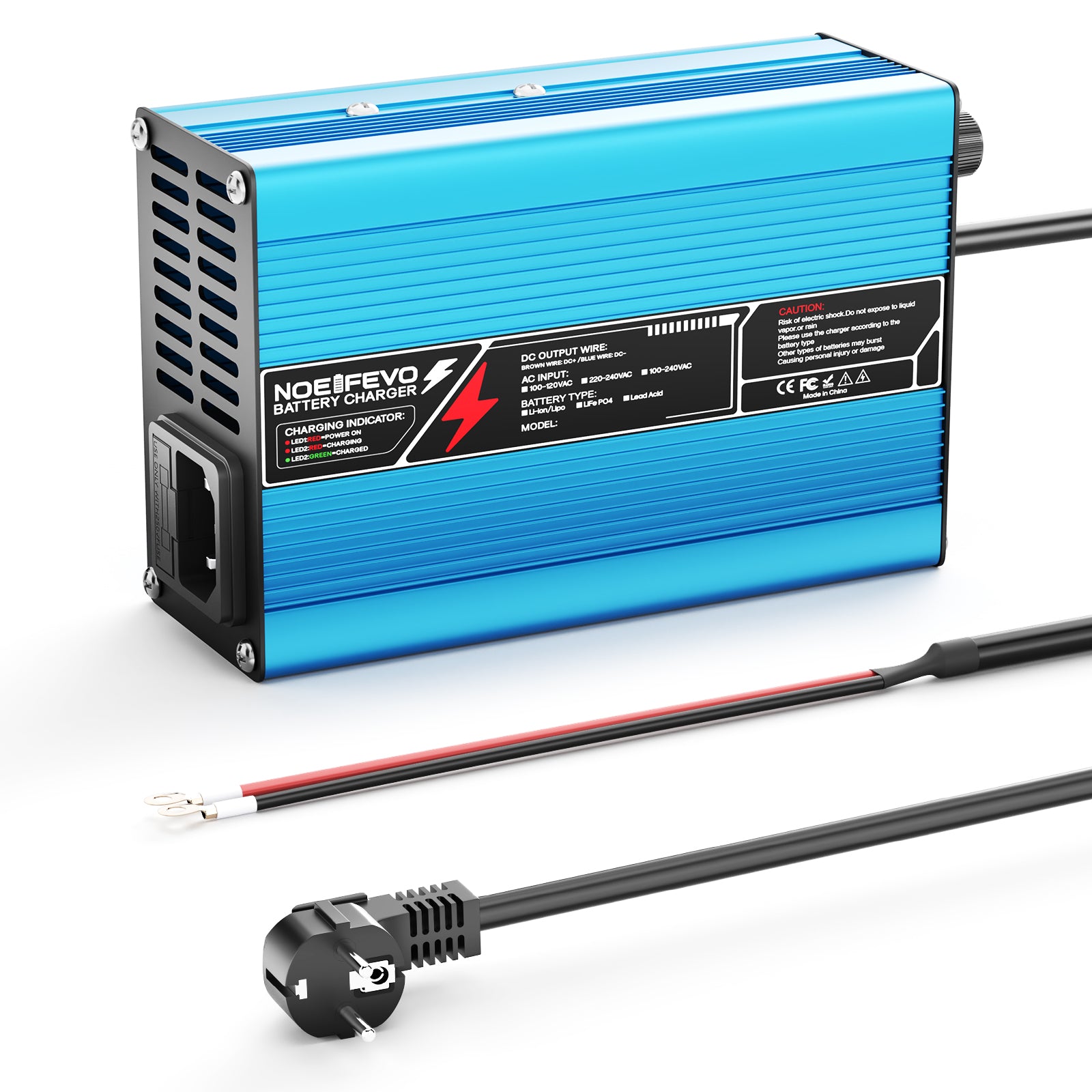 NOEIFEVO 16.8V 10A Carregador de Lítio para Baterias Li-Ion Lipo 4S 14.8V, Ventilador de Resfriamento, Desligamento Automático (AZUL)