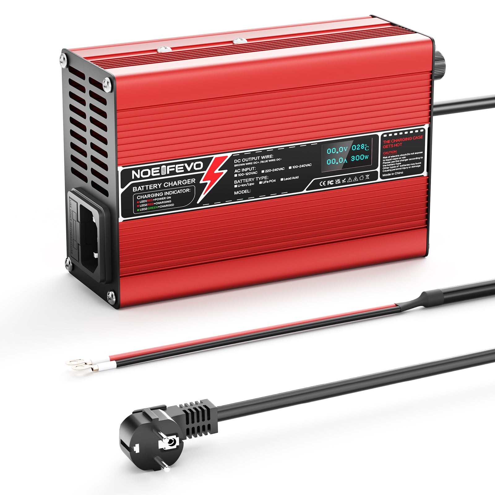 Carregador de Lítio NOEIFEVO 25,2V 2A 3A 4A 5A para Baterias Li-Ion Lipo 6S 22,2V, Ventilador de Resfriamento, Desligamento Automático (VERMELHO)