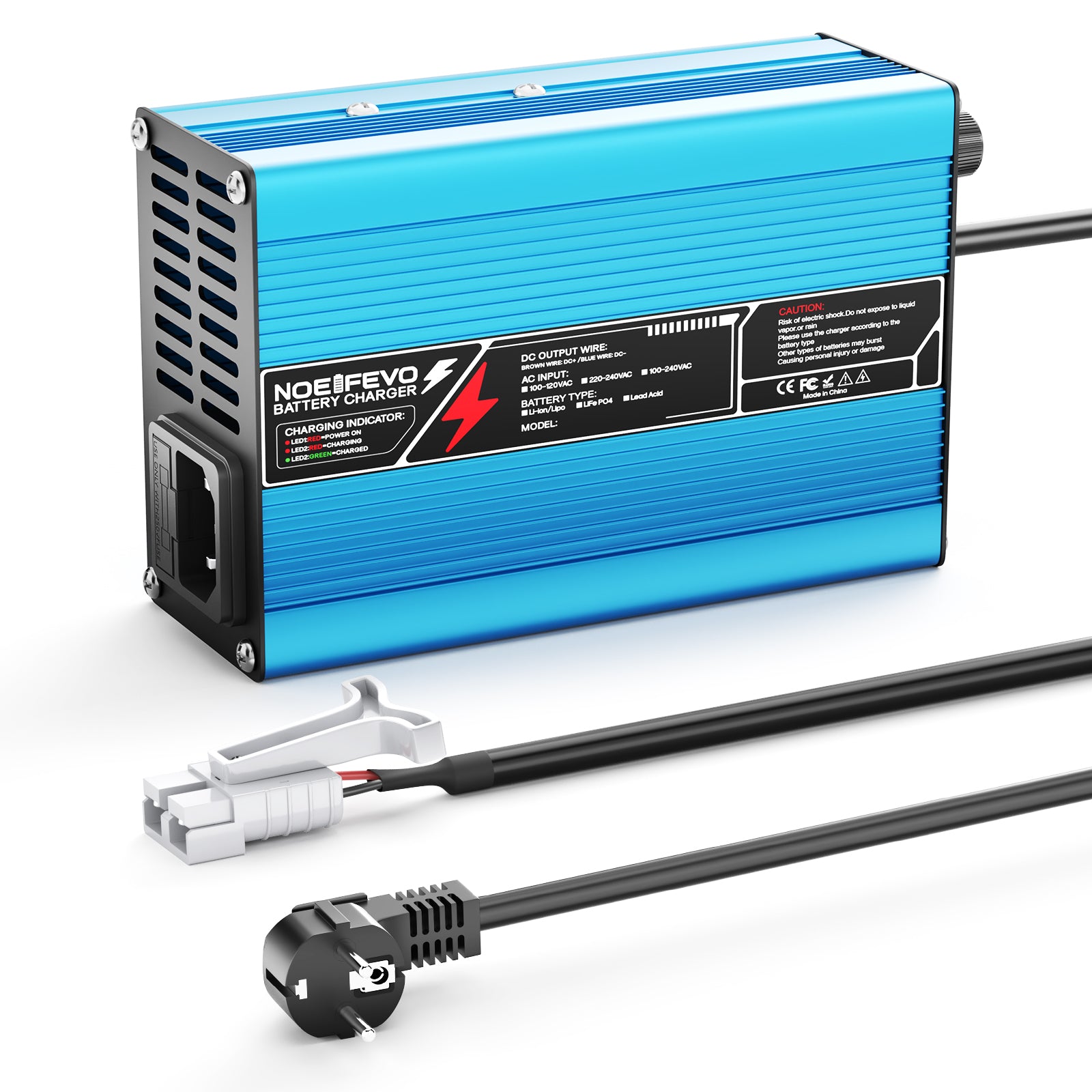 Carregador de Bateria LiFePO4 NOEIFEVO 36.5V 4A para Bateria LiFePO4 10S 32V, com Desligamento Automático (AZUL).