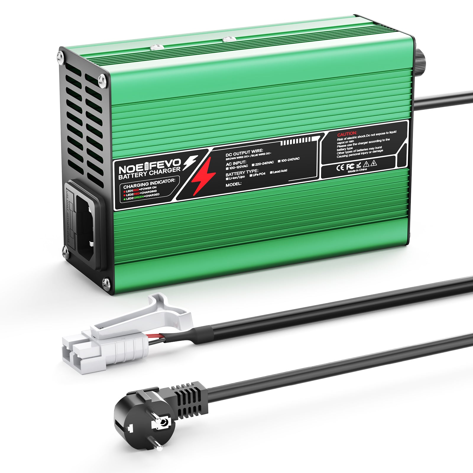 NOEIFEVO 12,6V 5A 6A 7A 8A 10A Carregador de Lítio para Baterias Li-Ion Lipo 3S 11,1V, Ventilador de Resfriamento, Desligamento Automático (VERDE)