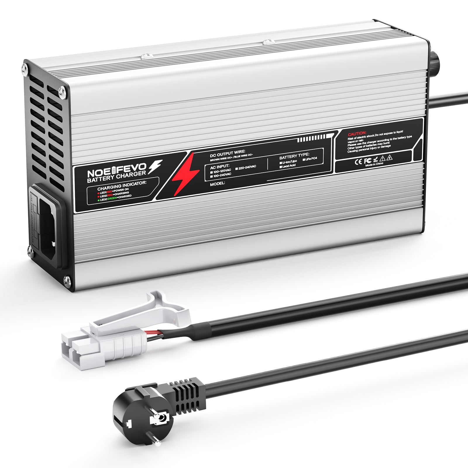 NOEIFEVO 54,75V 8A LiFePO4 Carregador de bateria para bateria 48V 15S Invólucro em alumínio com desligar automático com ventilador (prata)