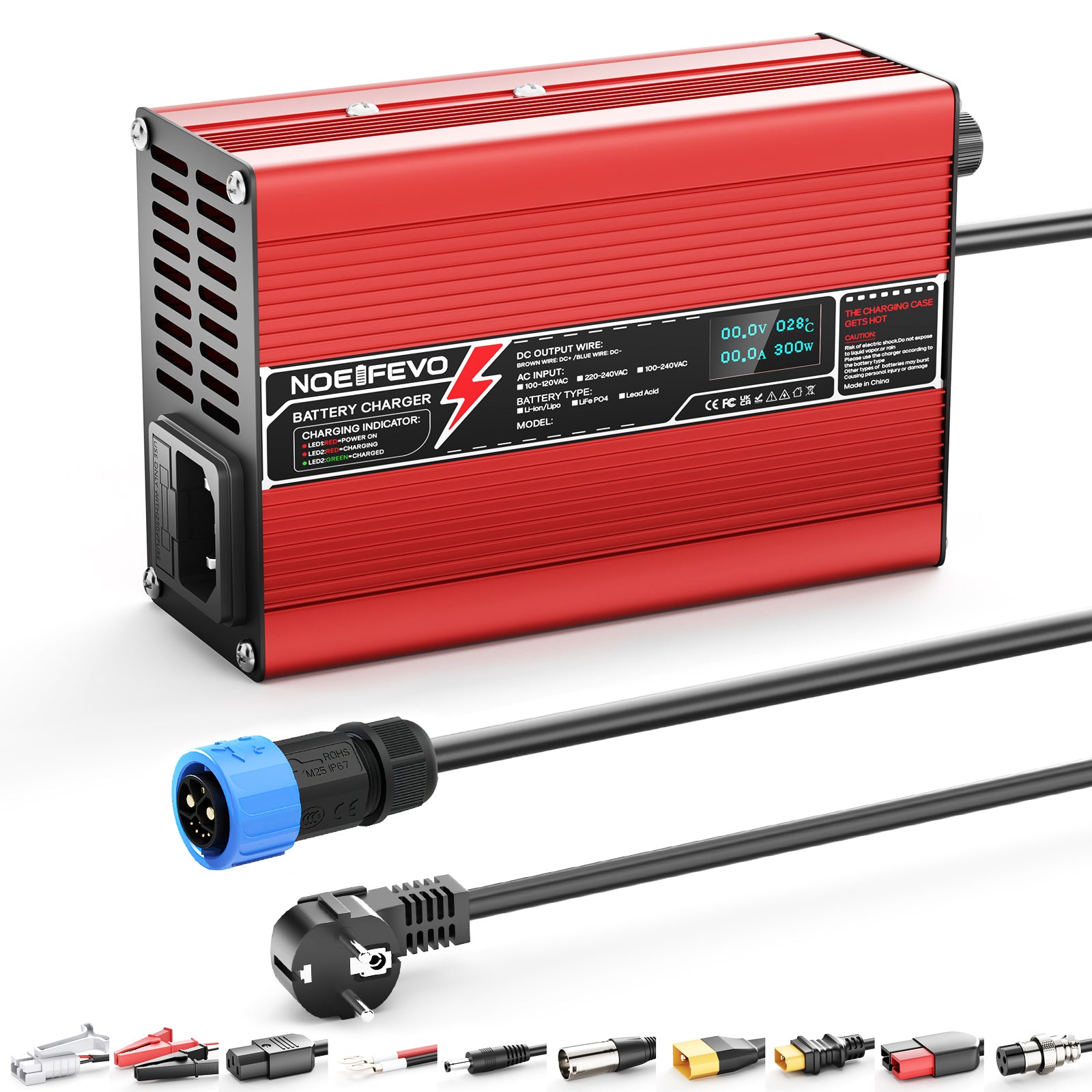 NOEIFEVO 41.4V-44.1V 2A 3A 3.5A 4A Carregador de Bateria de Chumbo-Ácido para Bateria de 36V, com Tela LCD, Ventilador de Refrigeração, Desligamento Automático (VERMELHO)