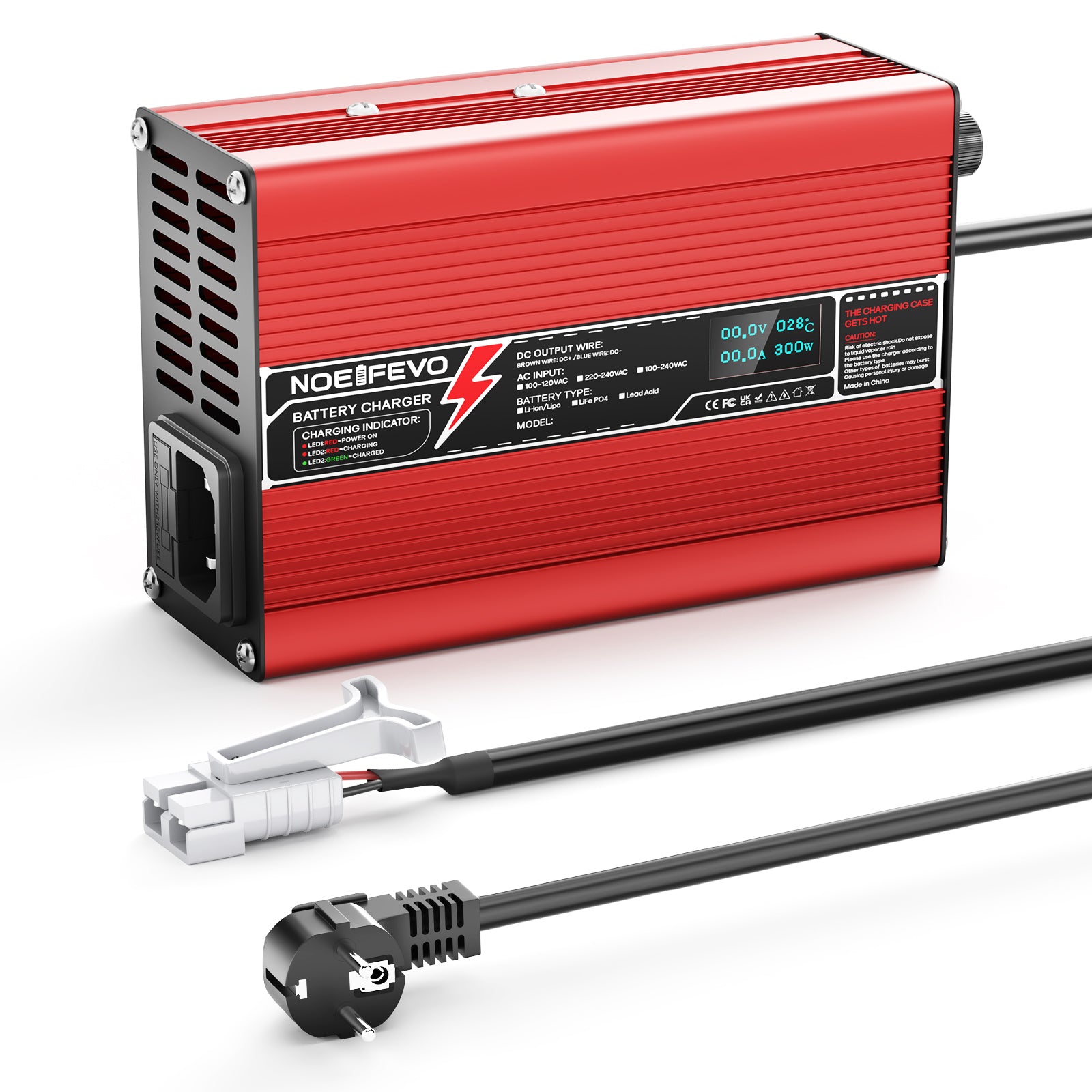 NOEIFEVO 29.4V 2A 3A 4A 5A Lithium-lader til 7S 25.9V Li-Ion Lipo-batterier, med LCD-display, køleventilator, automatisk slukning (RØD)