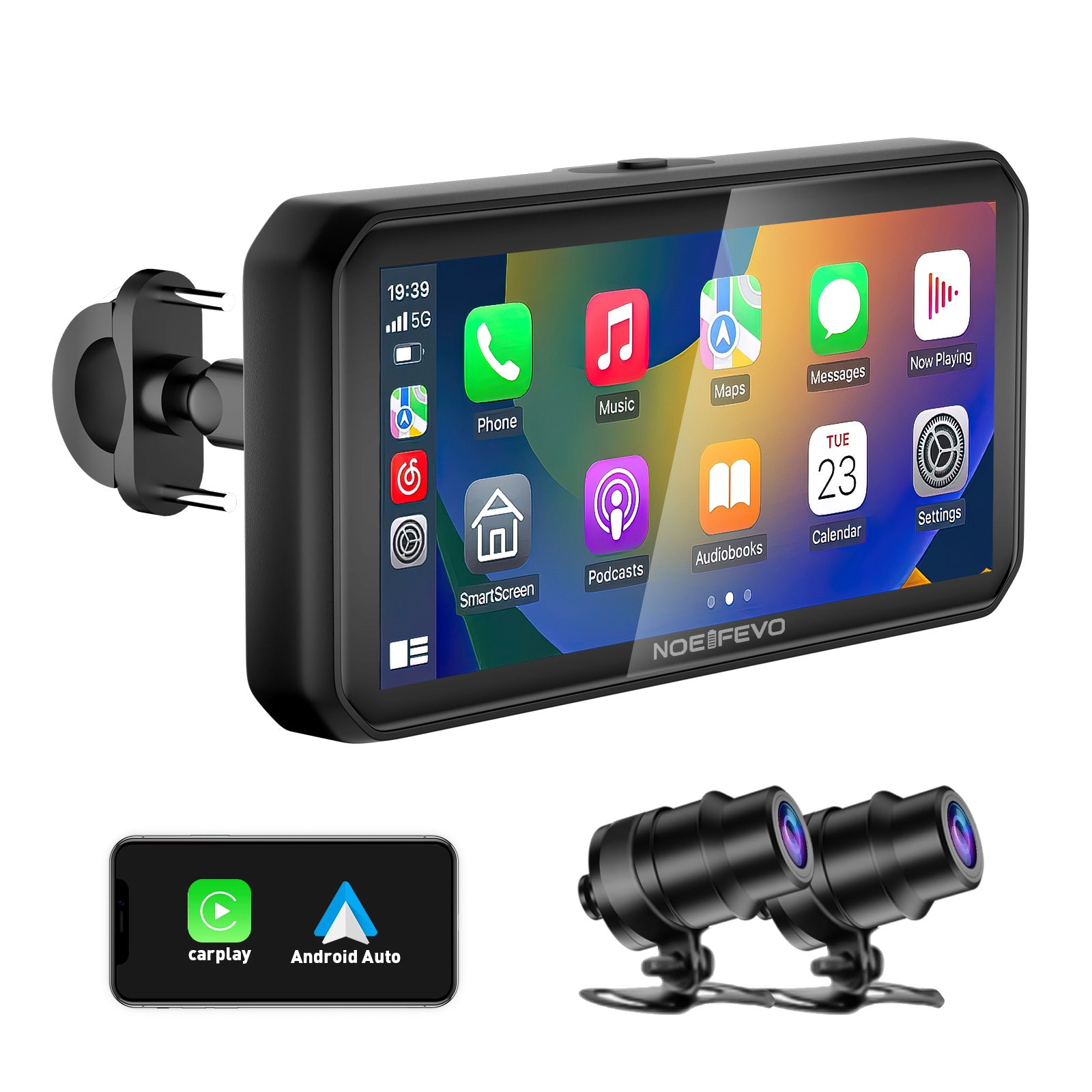 NOEIFEVO MT9B Motorfiets-Carplay-scherm met dodehoekdetectiefunctie, draadloos CarPlay en Android Auto, draagbaar waterdicht 6,3-inch touchscreen, verbeterde dubbele Bluetooth, navigatie