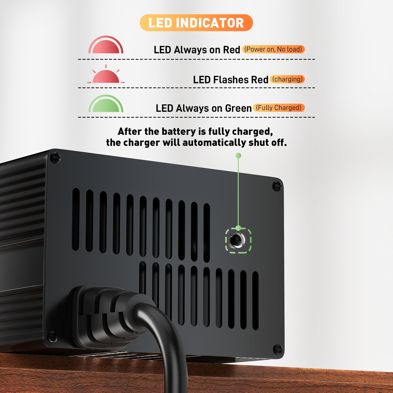 Noeifevo 29.2V 15A LiFePO4 carregador de bateria para bateria de lítio 24V 25.6V, ativação 0V BMS, desligamento automático com proteção total