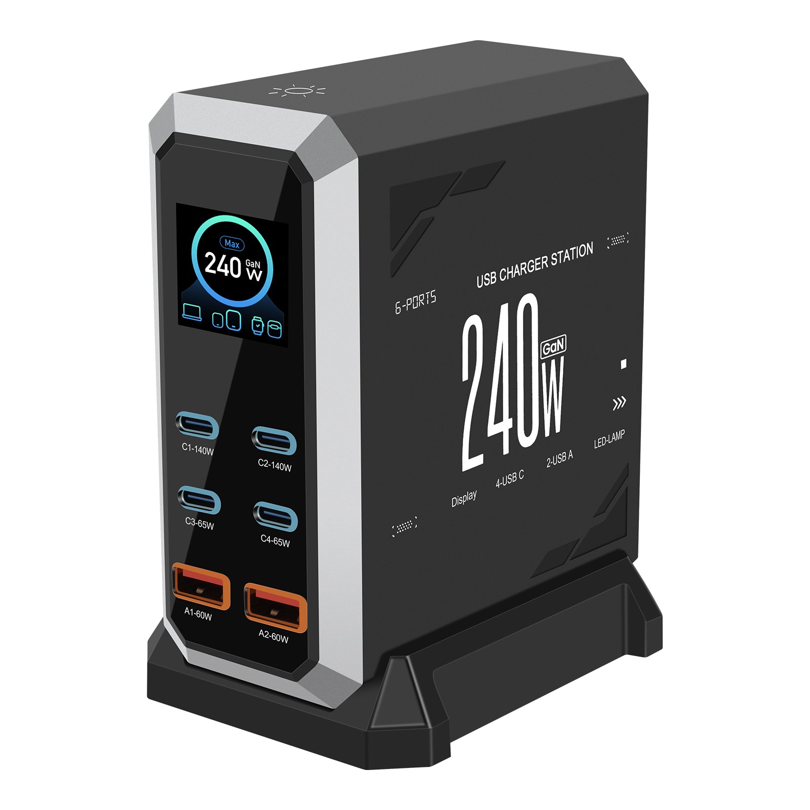 NOEIFEVO 240W USB-ladestasjon med 6 porter, PD3.1 140W USB Type-C & PPS/PD USB Type-A lader – stasjonær hurtigladestasjon kompatibel med MacBook, bærbare PC-er, nettbrett, iPhone, Samsung-smarttelefoner