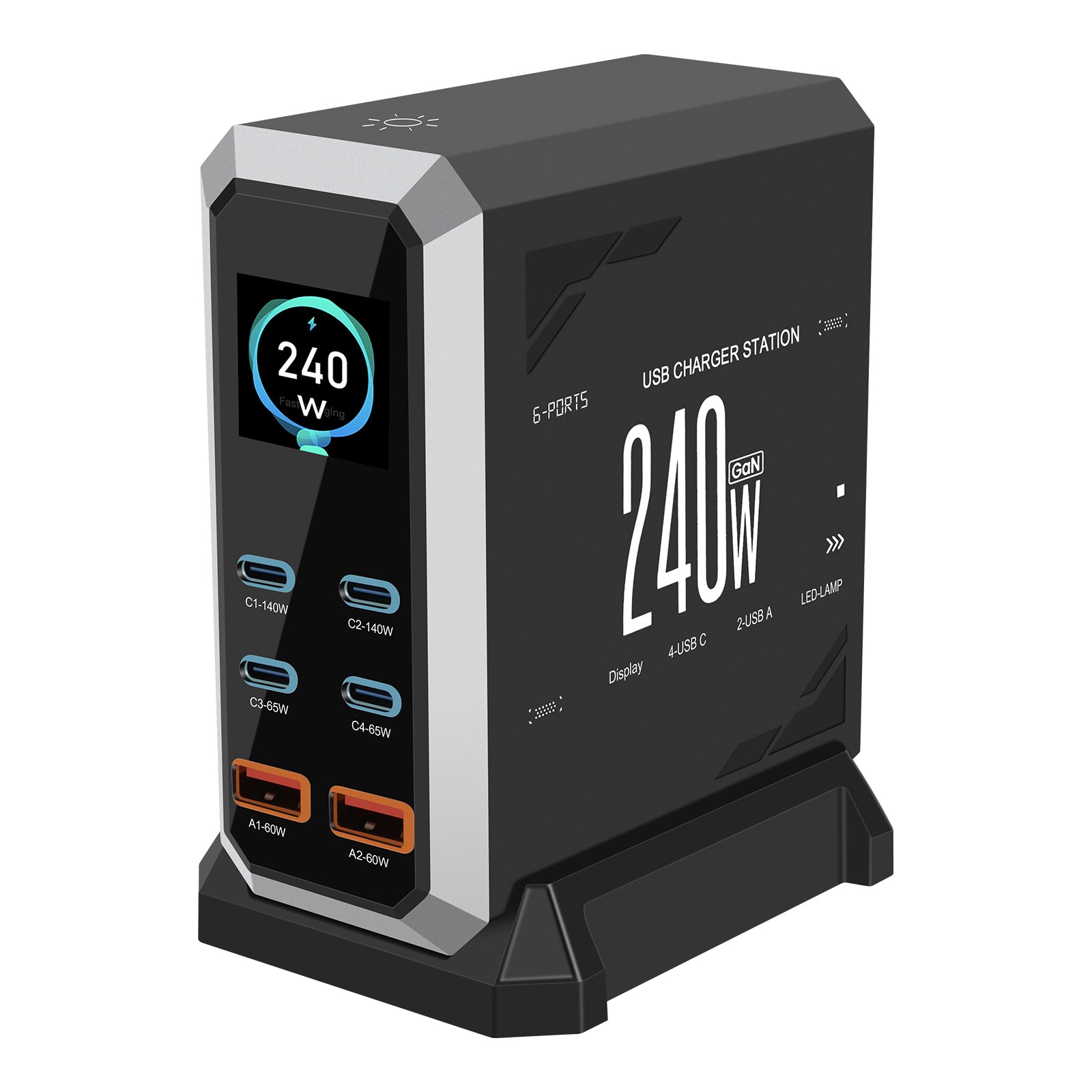 NOEIFEVO 240W USB-ladestasjon med 6 porter, PD3.1 140W USB Type-C & PPS/PD USB Type-A lader – stasjonær hurtigladestasjon kompatibel med MacBook, bærbare PC-er, nettbrett, iPhone, Samsung-smarttelefoner
