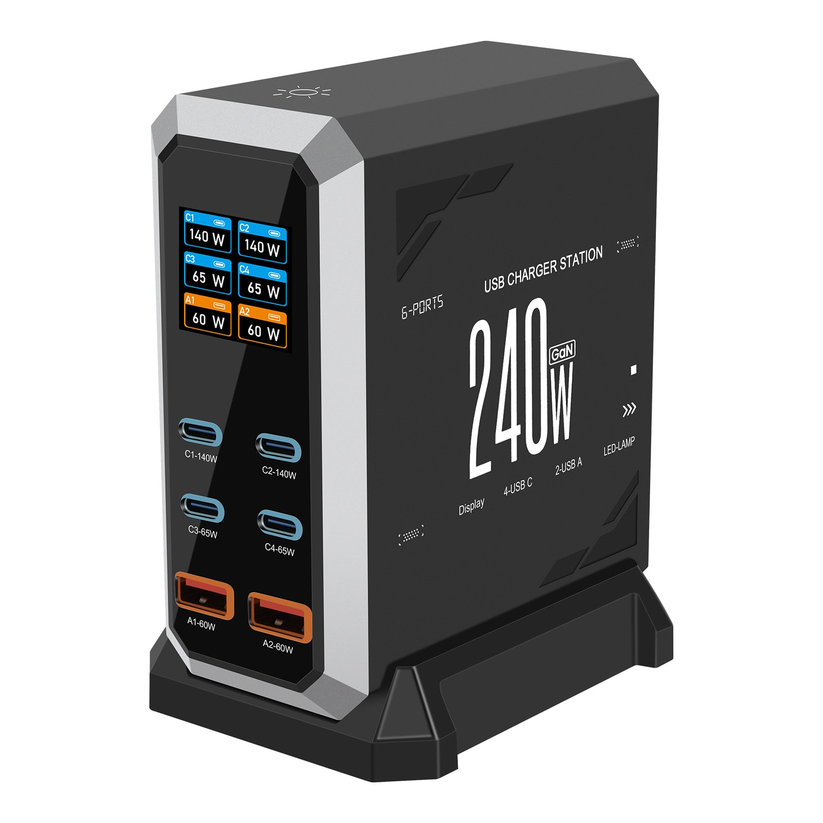 NOEIFEVO 240W USB-ladestasjon med 6 porter, PD3.1 140W USB Type-C & PPS/PD USB Type-A lader – stasjonær hurtigladestasjon kompatibel med MacBook, bærbare PC-er, nettbrett, iPhone, Samsung-smarttelefoner