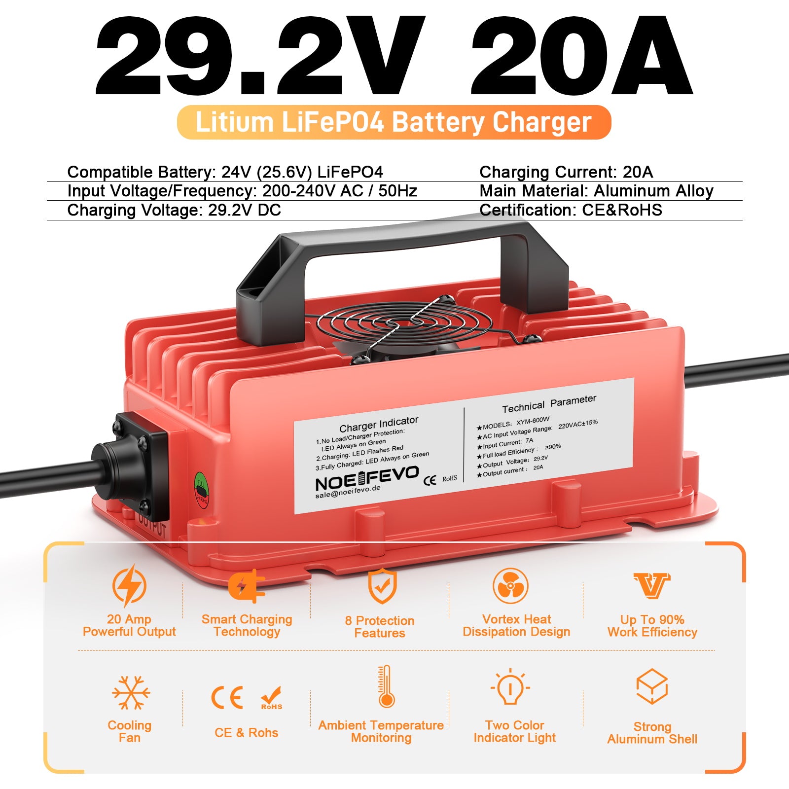 NOEIFEVO 29,2V 20A vattentät LiFePO4 batteriladdare för 25,6V(24V) 8S litiumbatteri,0V BMS-aktivering, med fullt skydd