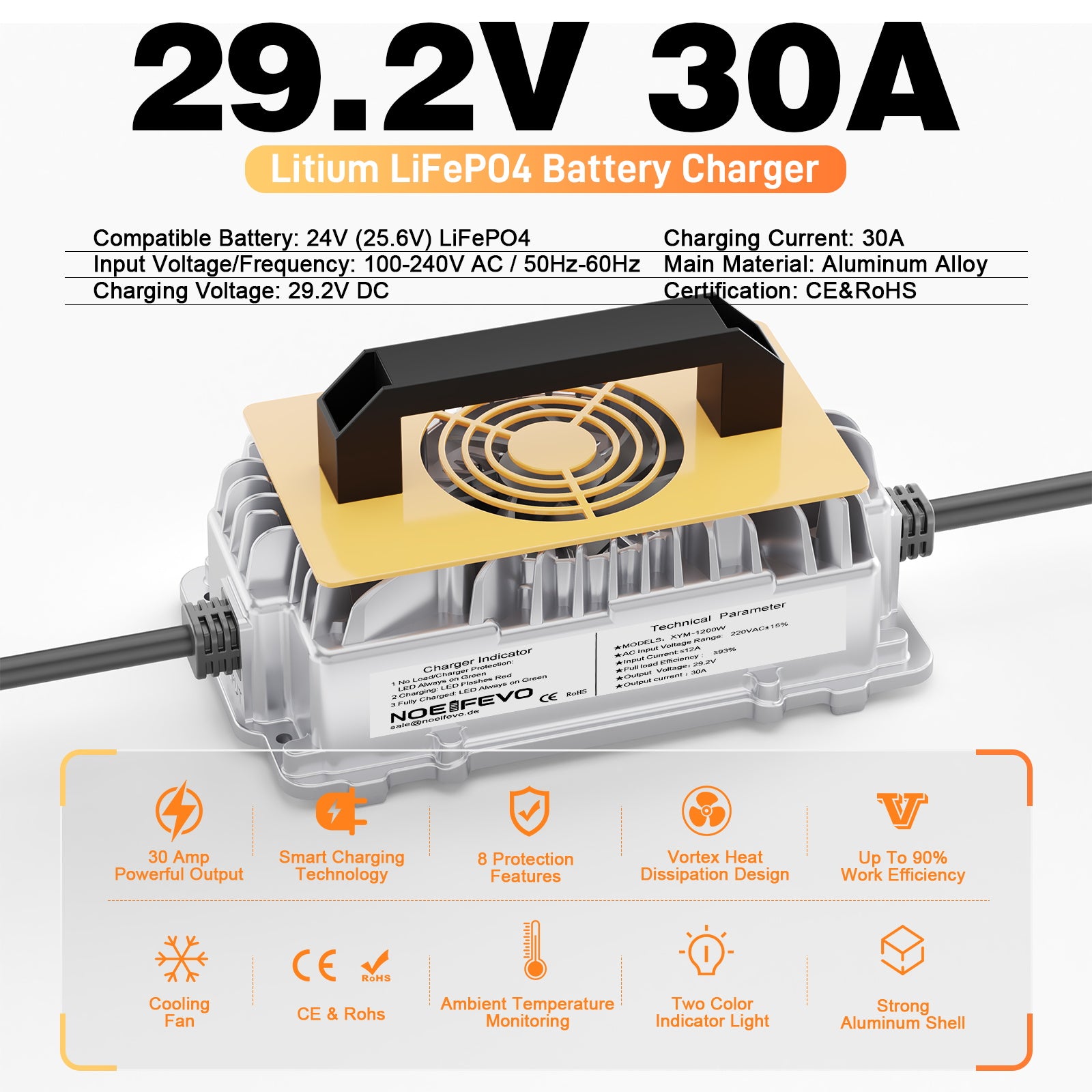 Noeifevo 29.2V 30A LiFePO4 batterijlader voor 24V 25.6V lithium-ionbatterij, waterdicht, 0V BMS-activering, automatische uitschakeling