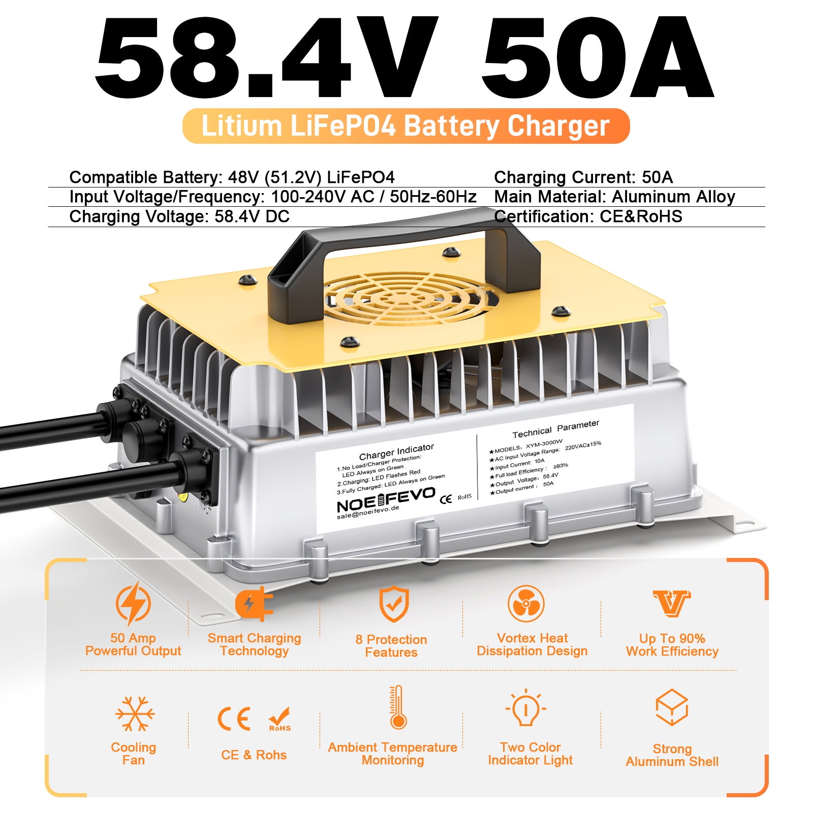 NOEIFEVO 58.4V 50A LiFePO4 carregador de bateria para 51.2V (48V) 16S LiFePO4 bateria, à prova d'água, 0V BMS ativado