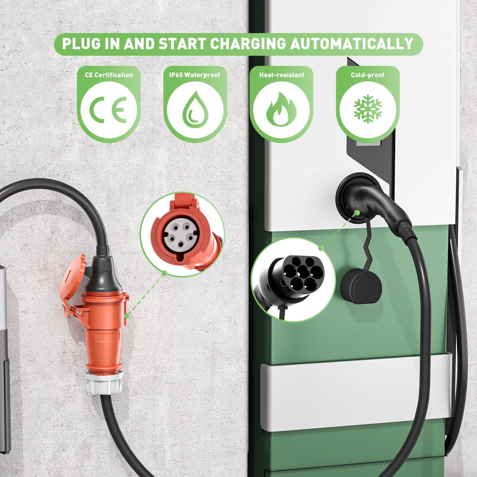 EV charging cable Type 2 plug to CEE socket, 16A 3-phase adapter to draw power from the charging station