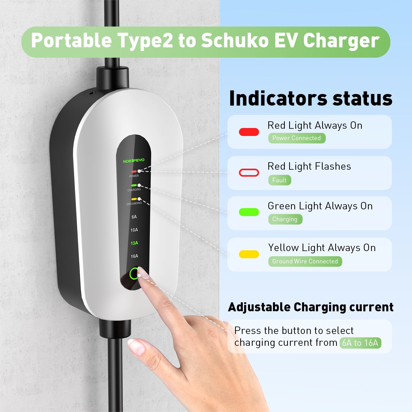 NOEIFEVO F095 Tipo 2 para cabo de carregamento Schuko EV para veículo elétrico, 3,5KW 6A a 16A corrente ajustável, 3m/5m/10m
​