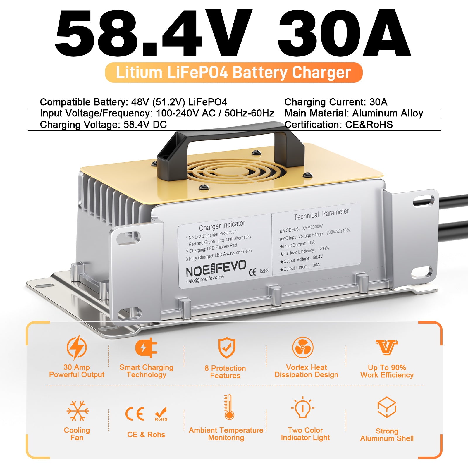 NOEIFEVO 58.4V 30A LiFePO4 acculader voor 51.2V(48V) 16S LiFePO4 accu, waterdicht, 0V BMS ingeschakeld