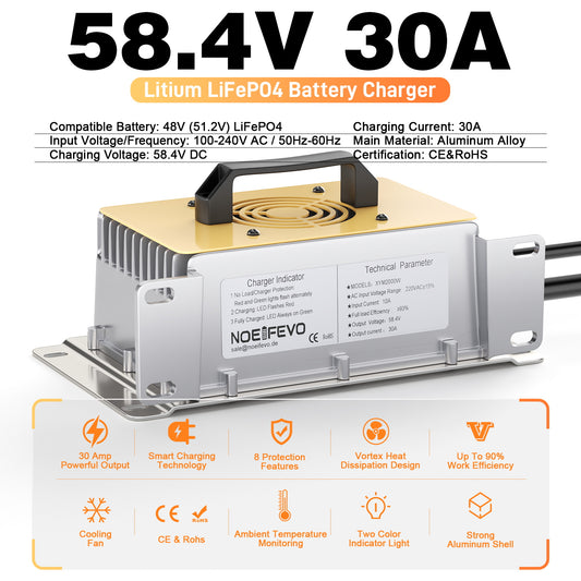 NOEIFEVO Carregador de bateria 58.4V 30A LiFePO4 para bateria 51.2V(48V) 16S LiFePO4, à prova de água, 0V BMS activado