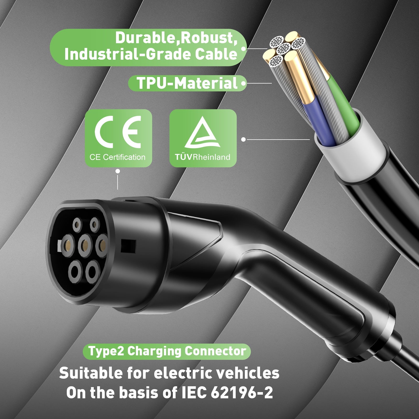 Type 2 3.5 kW EV charger, mobile EV charging cable with Schuko plug, 5-meter charging cable