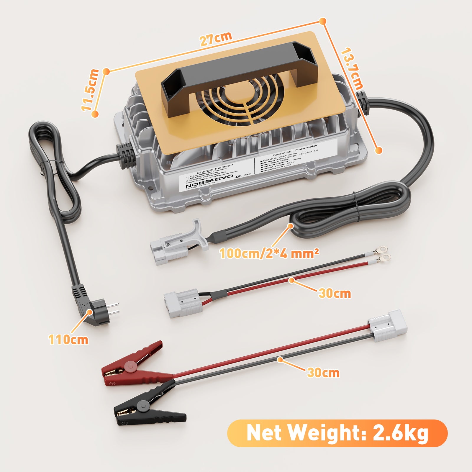 Noeifevo 29.2V 30A LiFePO4 batterijlader voor 24V 25.6V lithium-ionbatterij, waterdicht, 0V BMS-activering, automatische uitschakeling