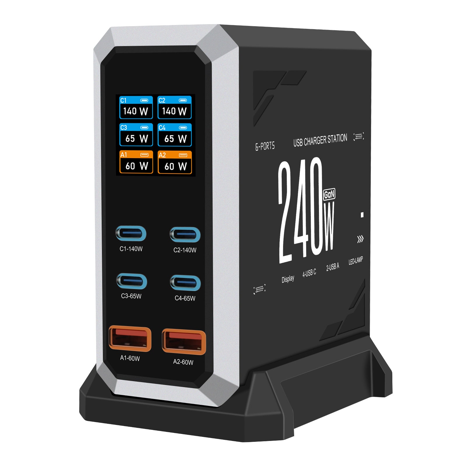 NOEIFEVO 240W USB-ladestasjon med 6 porter, PD3.1 140W USB Type-C & PPS/PD USB Type-A lader – stasjonær hurtigladestasjon kompatibel med MacBook, bærbare PC-er, nettbrett, iPhone, Samsung-smarttelefoner