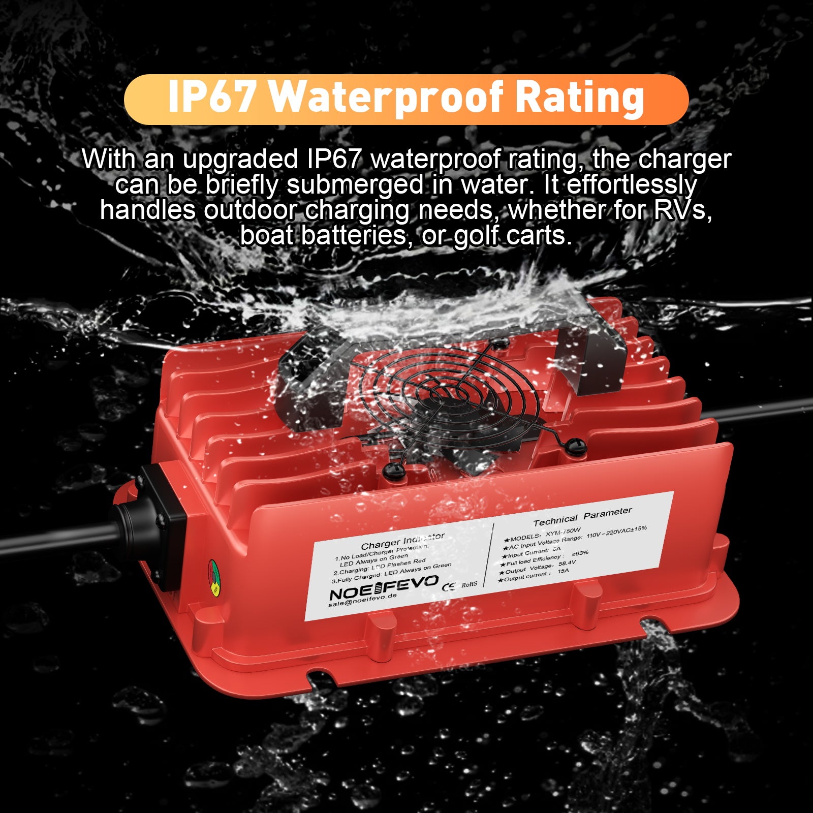 NOEIFEVO 58,4 V 15A Carregador de bateria LiFePO4 à prova d'água para bateria 51,2 V (48 V) 16S LiFePO4
​