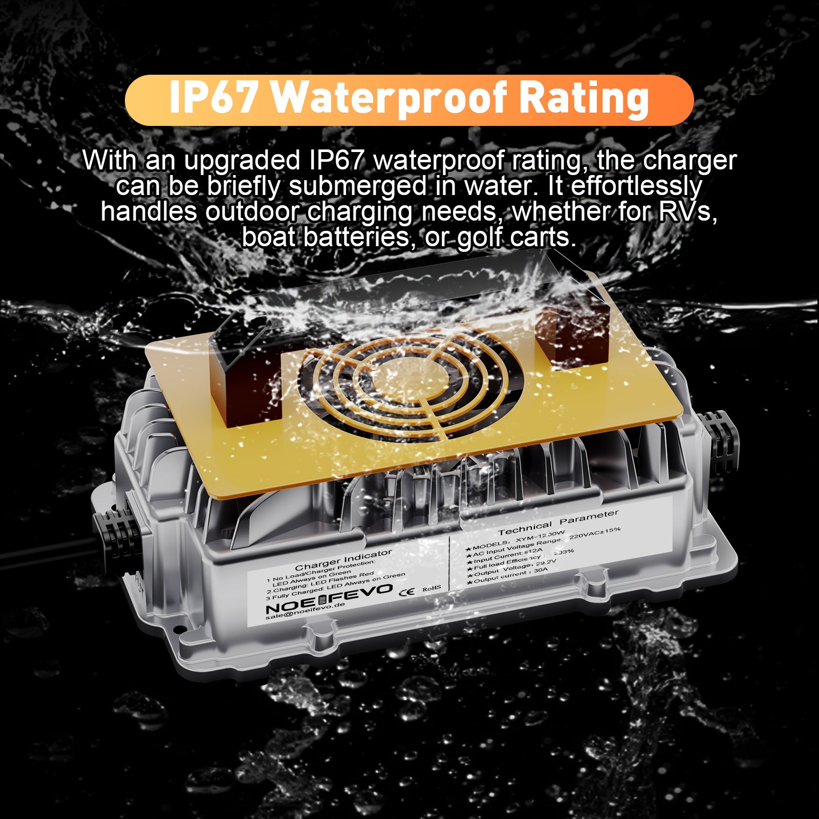 Noeifevo 29.2V 30A LiFePO4 batterijlader voor 24V 25.6V lithium-ionbatterij, waterdicht, 0V BMS-activering, automatische uitschakeling