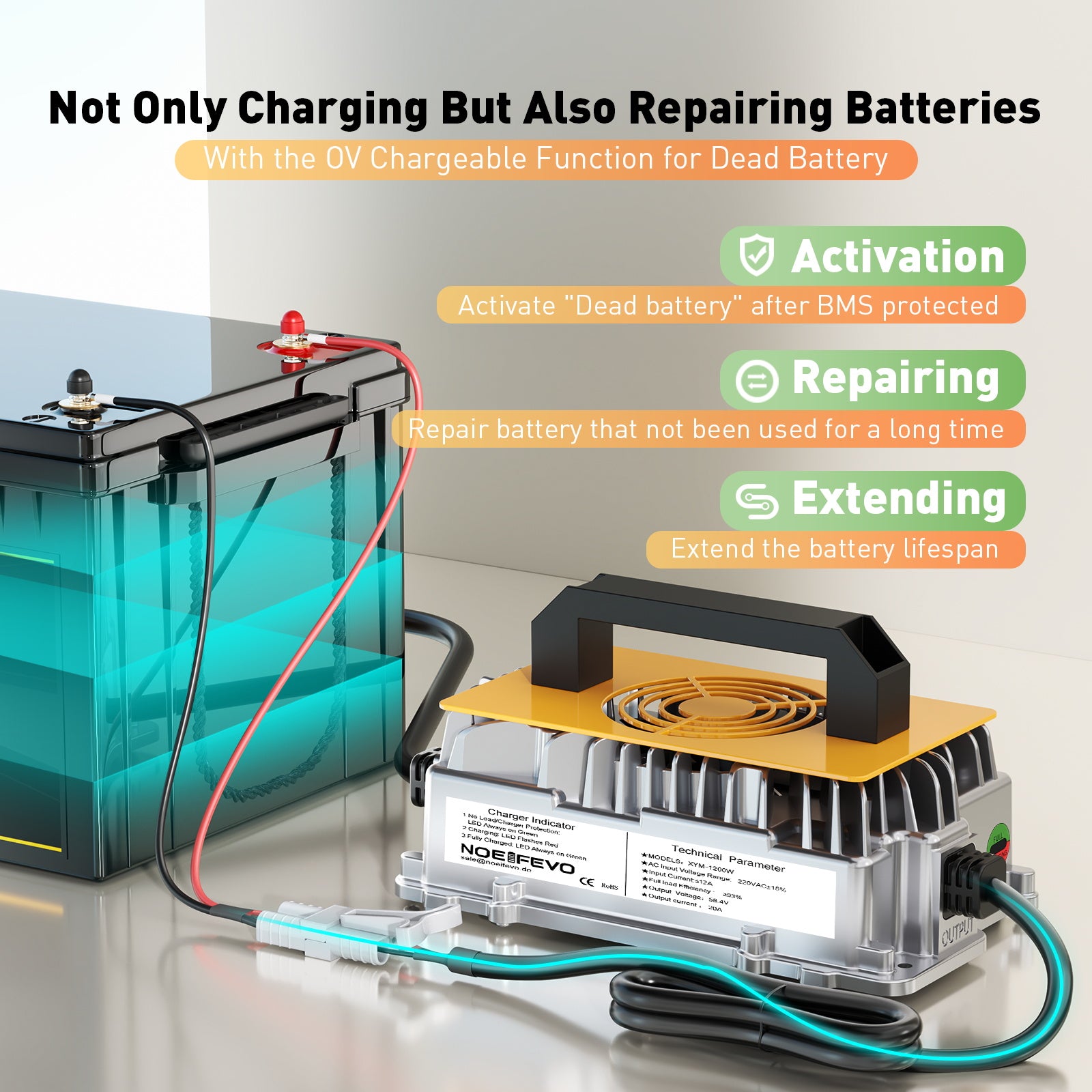 NOEIFEVO 58.4V 20A Lithium Lifepo4 akkulaturi 48V (51.2V)16S akulle, vedenpitävä, 0 V BMS aktivointi, automaattinen sammutus täydellä suojalla