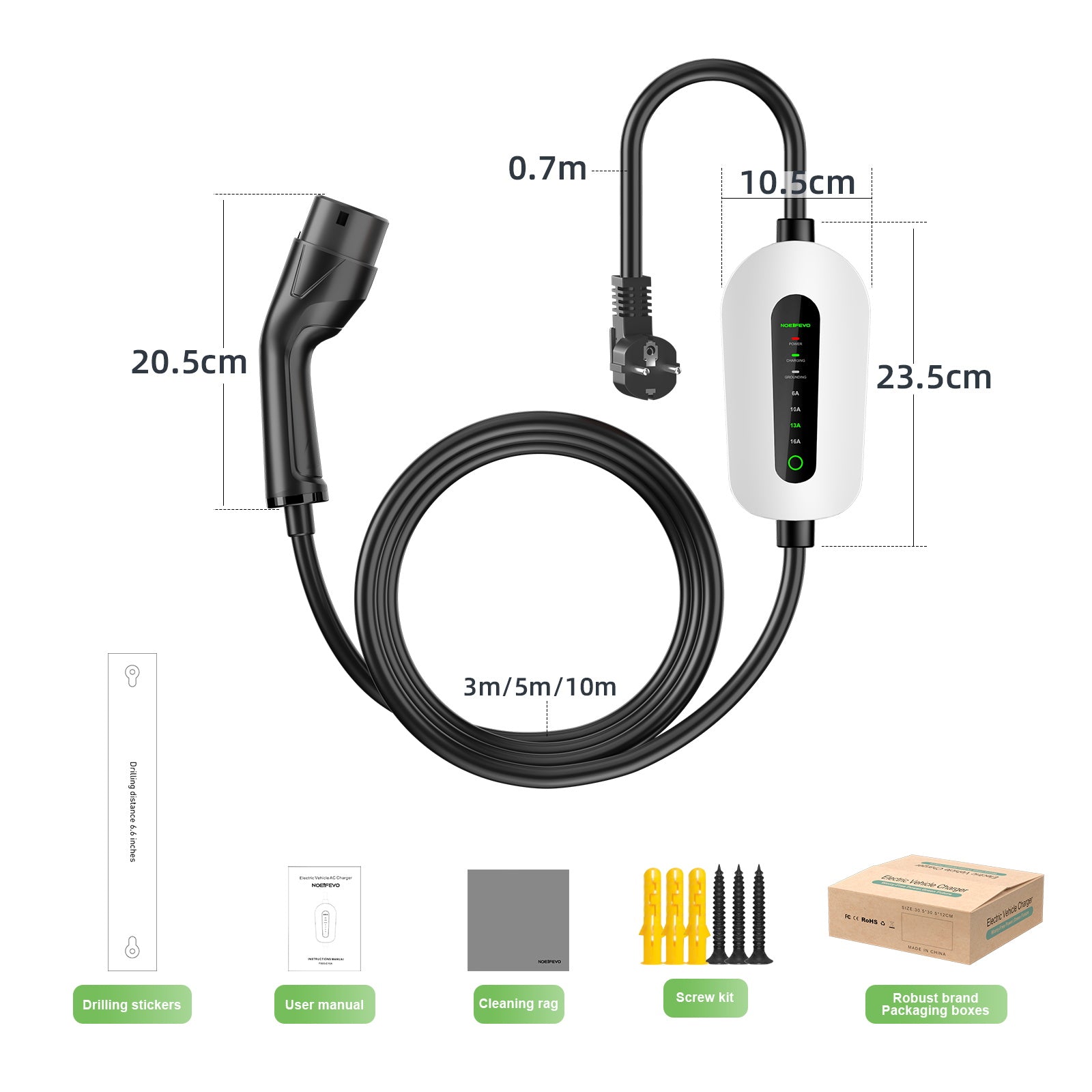 NOEIFEVO F095 Type 2 til Schuko EV ladekabel til elbil, 3,5KW 6A til 16A justerbar strøm, 3m/5m/10m