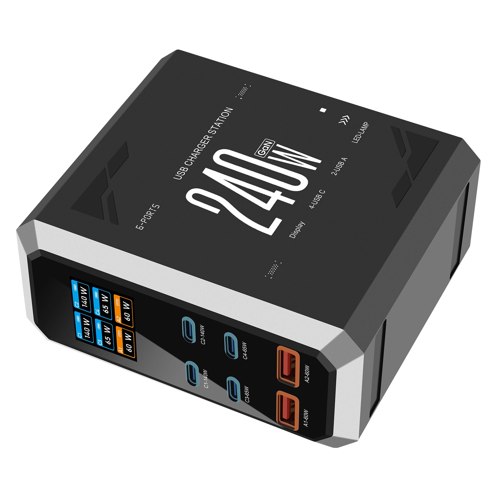 NOEIFEVO 240W USB-ladestasjon med 6 porter, PD3.1 140W USB Type-C & PPS/PD USB Type-A lader – stasjonær hurtigladestasjon kompatibel med MacBook, bærbare PC-er, nettbrett, iPhone, Samsung-smarttelefoner