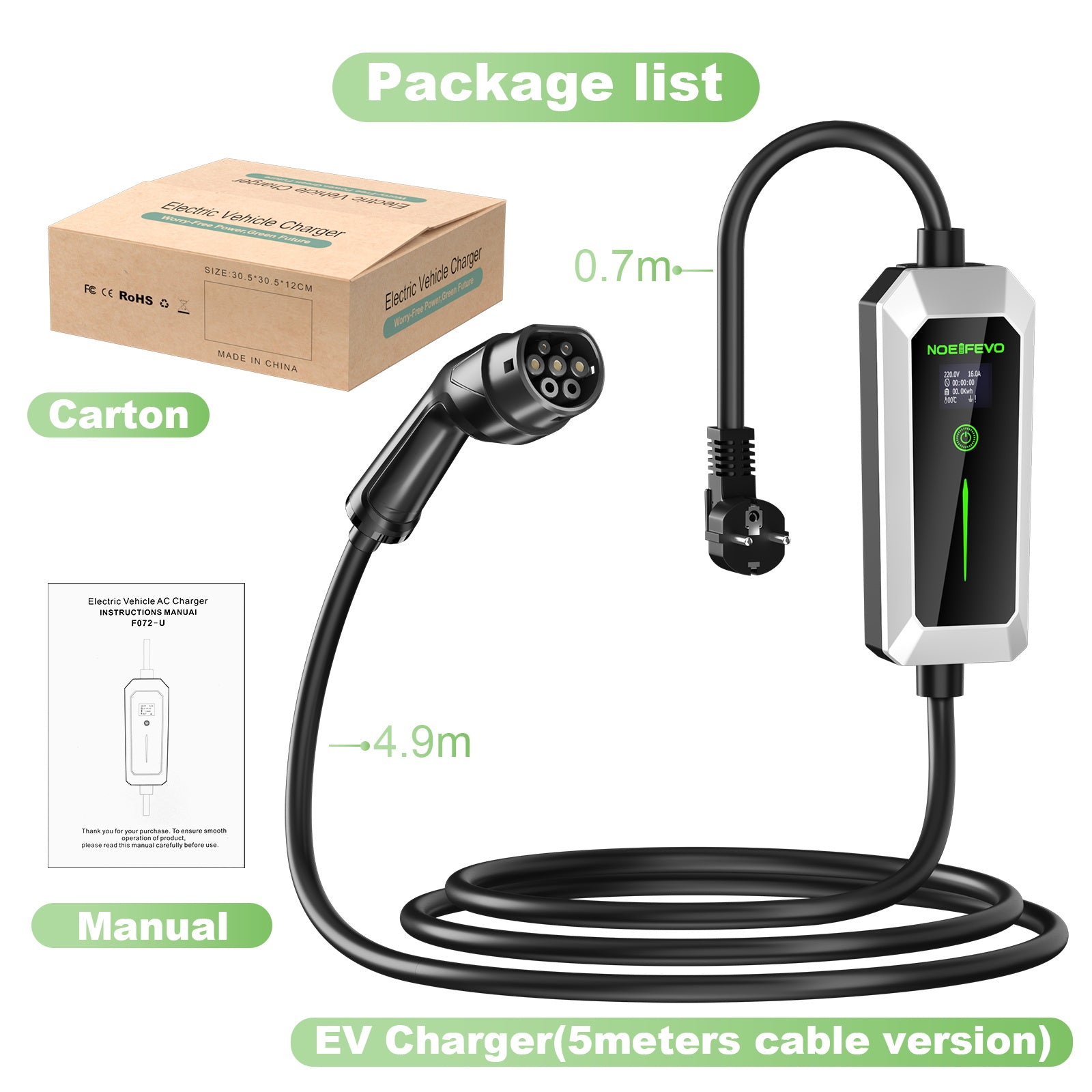 Type 2 3.5 kW EV charger, mobile EV charging cable with Schuko plug, 5-meter charging cable