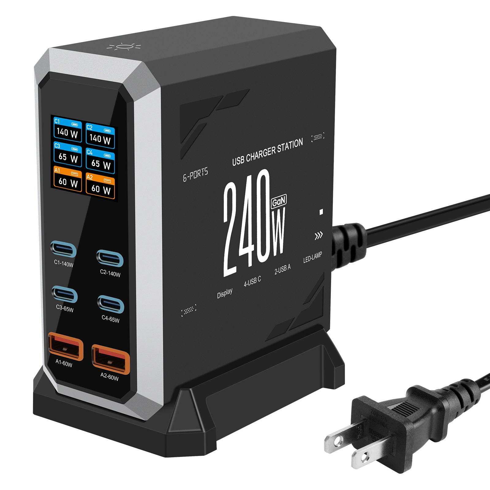 NOEIFEVO 240W USB-ladestasjon med 6 porter, PD3.1 140W USB Type-C & PPS/PD USB Type-A lader – stasjonær hurtigladestasjon kompatibel med MacBook, bærbare PC-er, nettbrett, iPhone, Samsung-smarttelefoner