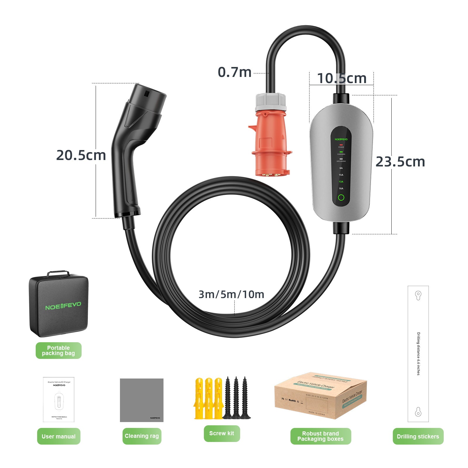 NOEIFEVO F095-3 Type 2 naar CEE16A EV-laadkabel voor elektrisch voertuig, 11KW wallbox 6A tot 16A regelbare stroom, 3m/5m/10m
​