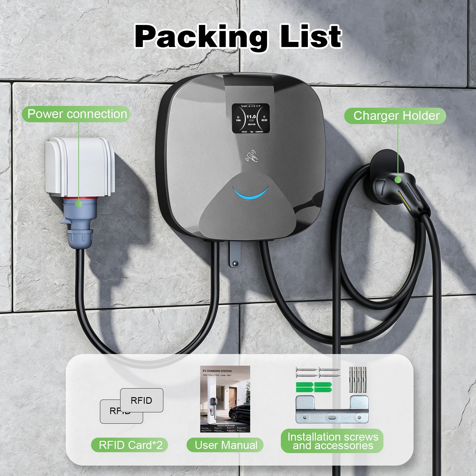 NOEIFEVO Wallbox 11kW mit APP & RFID – 3-Phasiges Typ 2 EV-Ladegerät 400V, 6–16 A, 5M Kabel mit Kabelhalter – RCD Typ B & IP67,Einstellung Startzeiteffiziente Ladestation für Zuhause für BEV PHEV