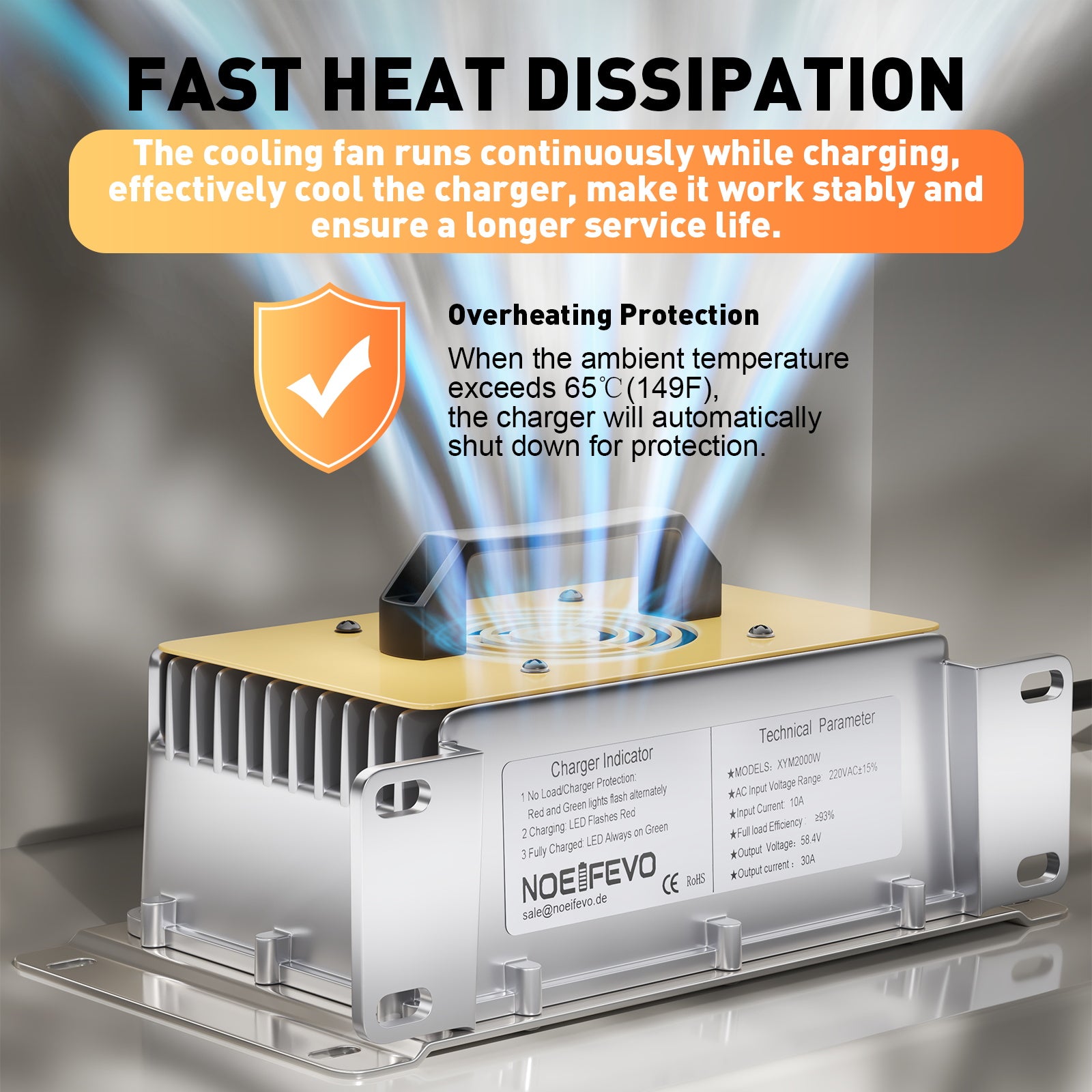 NOEIFEVO 58.4V 30A LiFePO4 acculader voor 51.2V(48V) 16S LiFePO4 accu, waterdicht, 0V BMS ingeschakeld