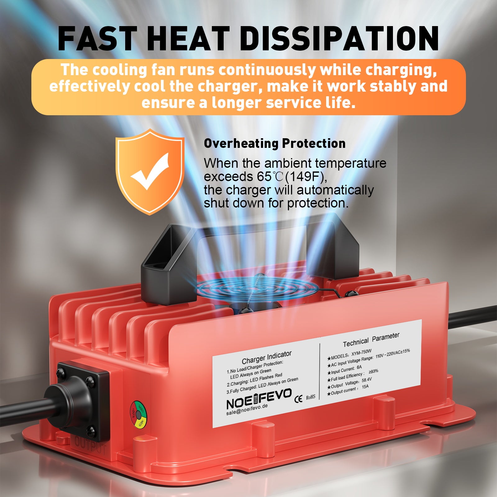 NOEIFEVO 58,4 V 15A Carregador de bateria LiFePO4 à prova d'água para bateria 51,2 V (48 V) 16S LiFePO4
​
