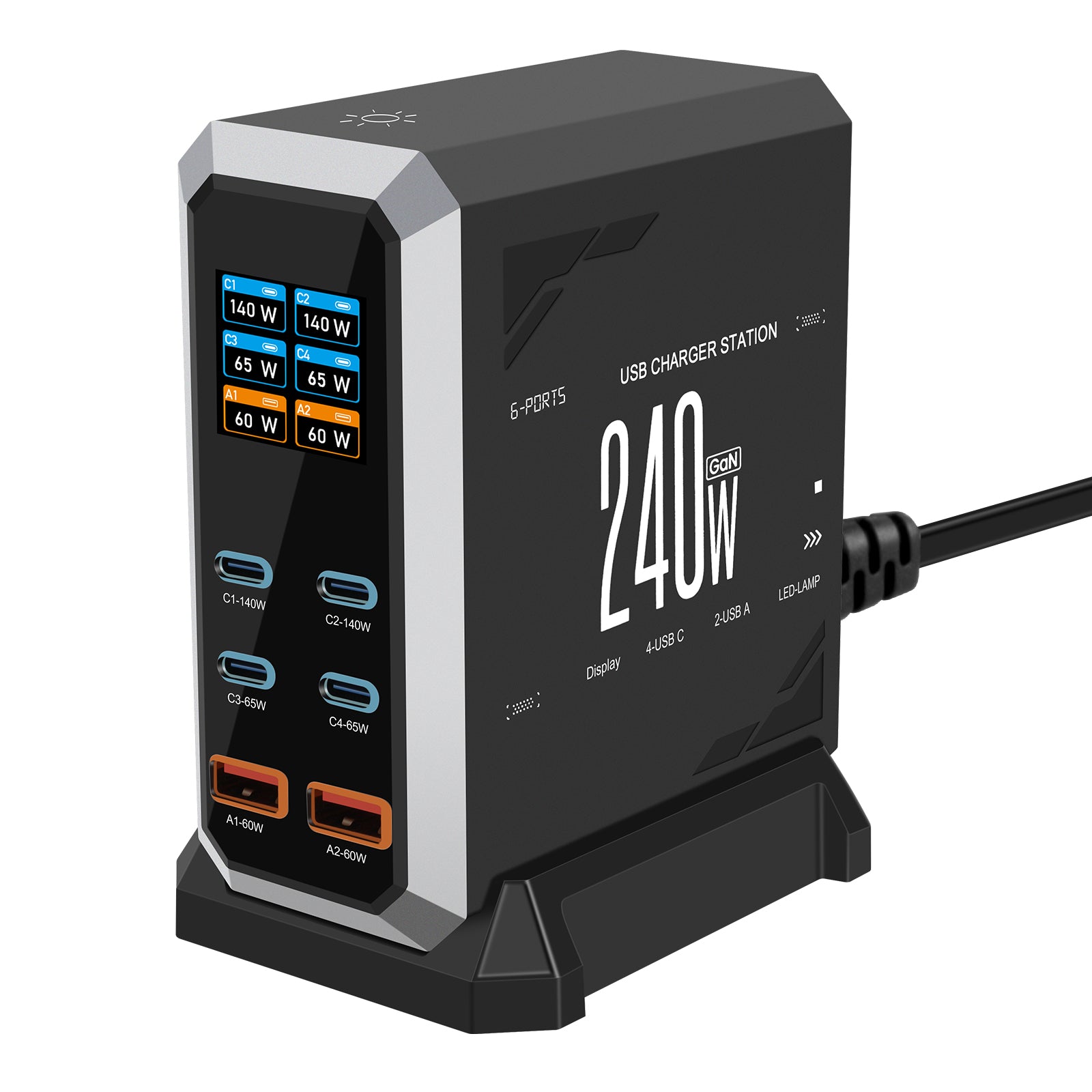 NOEIFEVO 240W USB-ladestasjon med 6 porter, PD3.1 140W USB Type-C & PPS/PD USB Type-A lader – stasjonær hurtigladestasjon kompatibel med MacBook, bærbare PC-er, nettbrett, iPhone, Samsung-smarttelefoner
