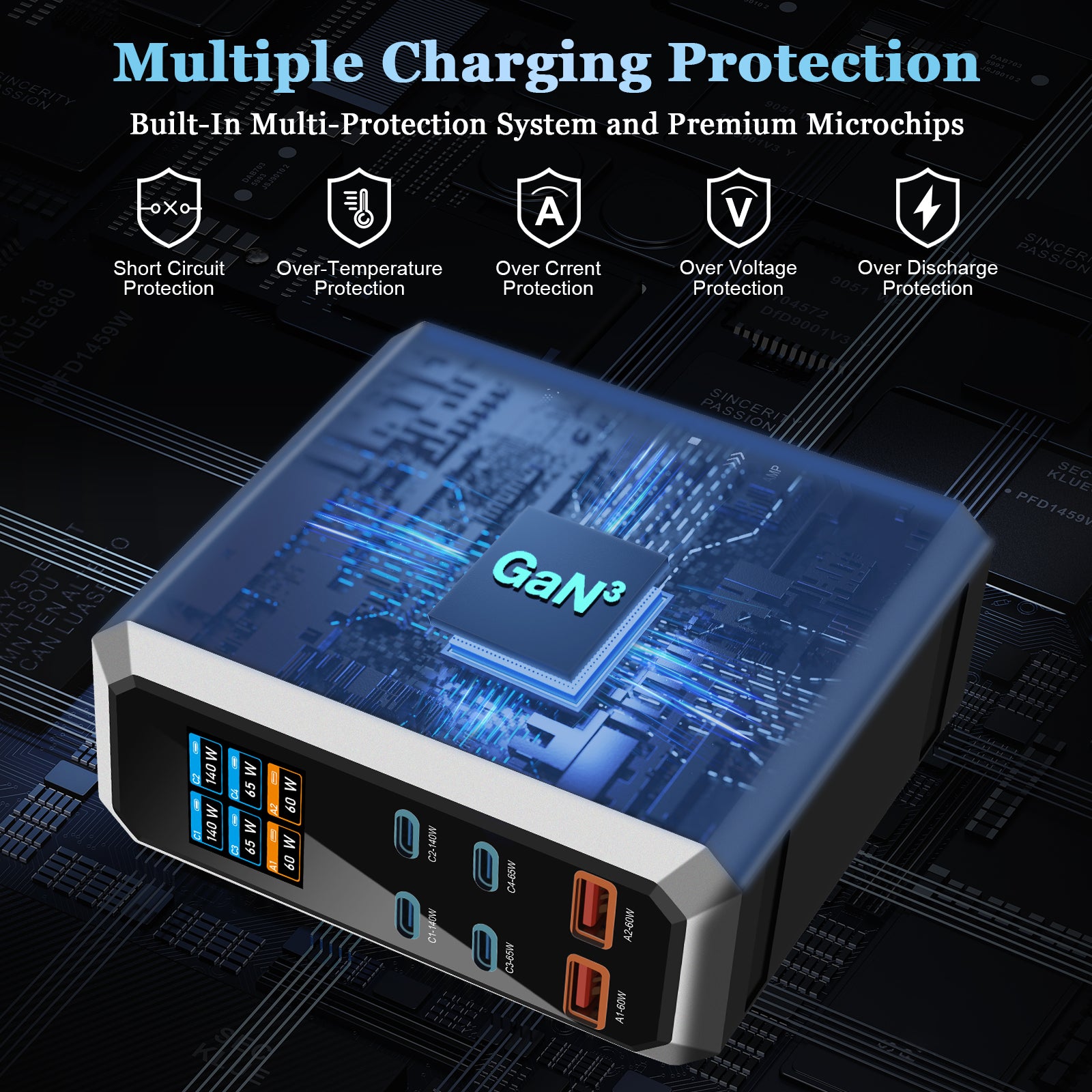 NOEIFEVO 240W USB-ladestasjon med 6 porter, PD3.1 140W USB Type-C & PPS/PD USB Type-A lader – stasjonær hurtigladestasjon kompatibel med MacBook, bærbare PC-er, nettbrett, iPhone, Samsung-smarttelefoner